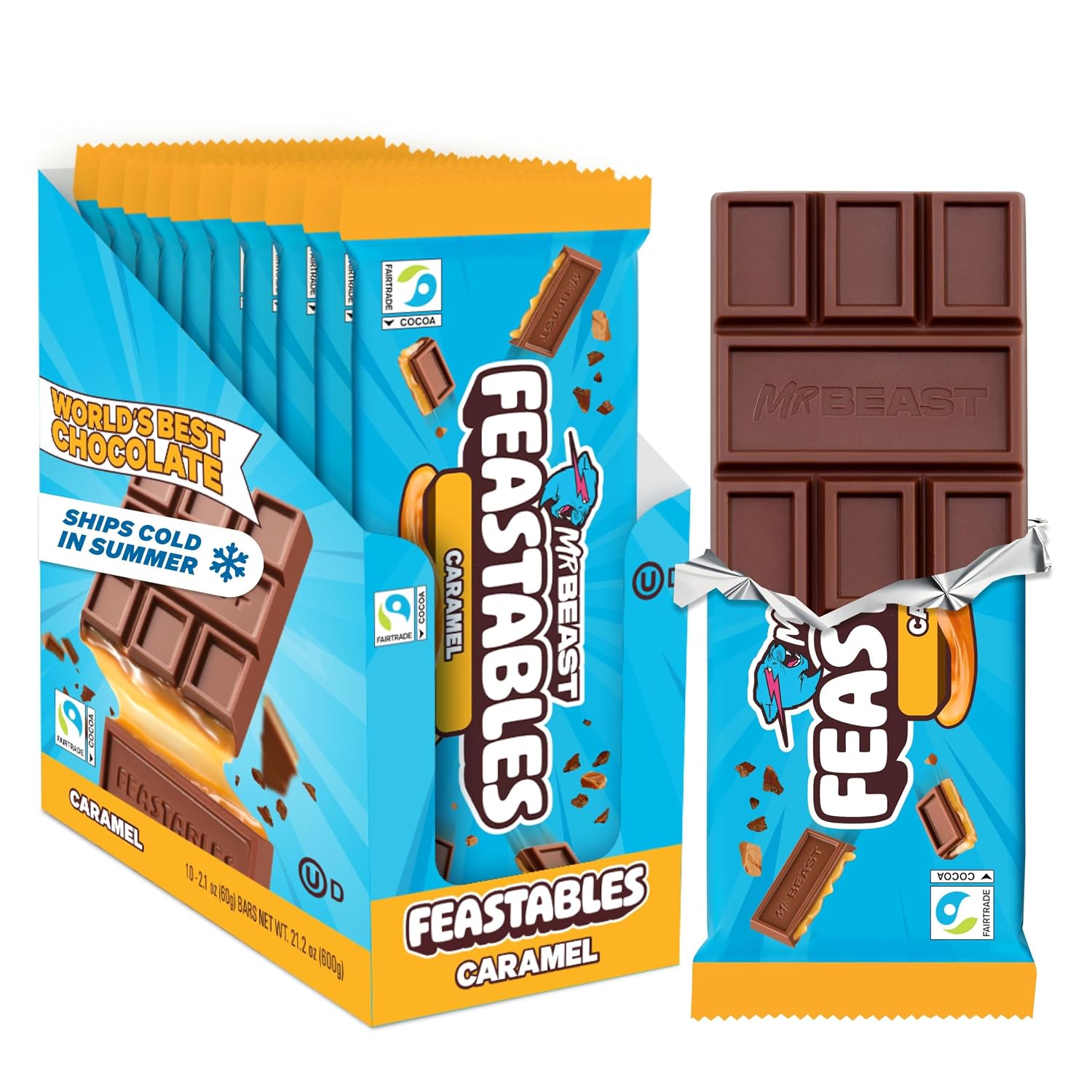 MrBeast Feastables Caramel Chocolate Bar, King Size, 10 Ct, Fairtrade Cocoa