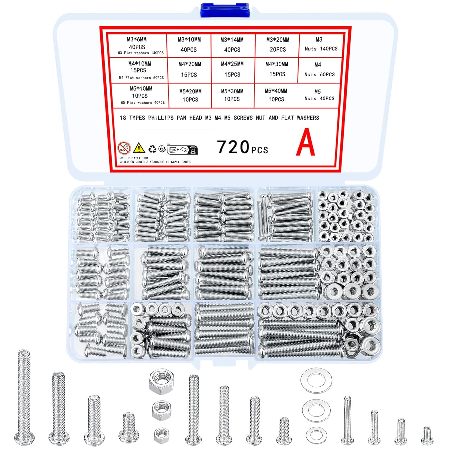720 Pcs Nuts and Bolts Assortment Kit, M3 M4 M5 Carbon Steel Screws Bolts and Nuts and Washers Assortment Set, Assorted Cross Pan Head Machine Screws Set, with Storage Case