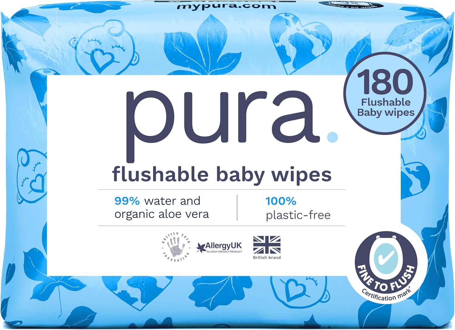 Pura Flushable Baby Water Wipes 3 x 60 per pack, (180 Wet Wipes) 100% Plastic Free, 99% Water, Suitable for Sensitive & Eczema Prone Skin, Biodegradable, Compostable, Vegan, Potty Training
