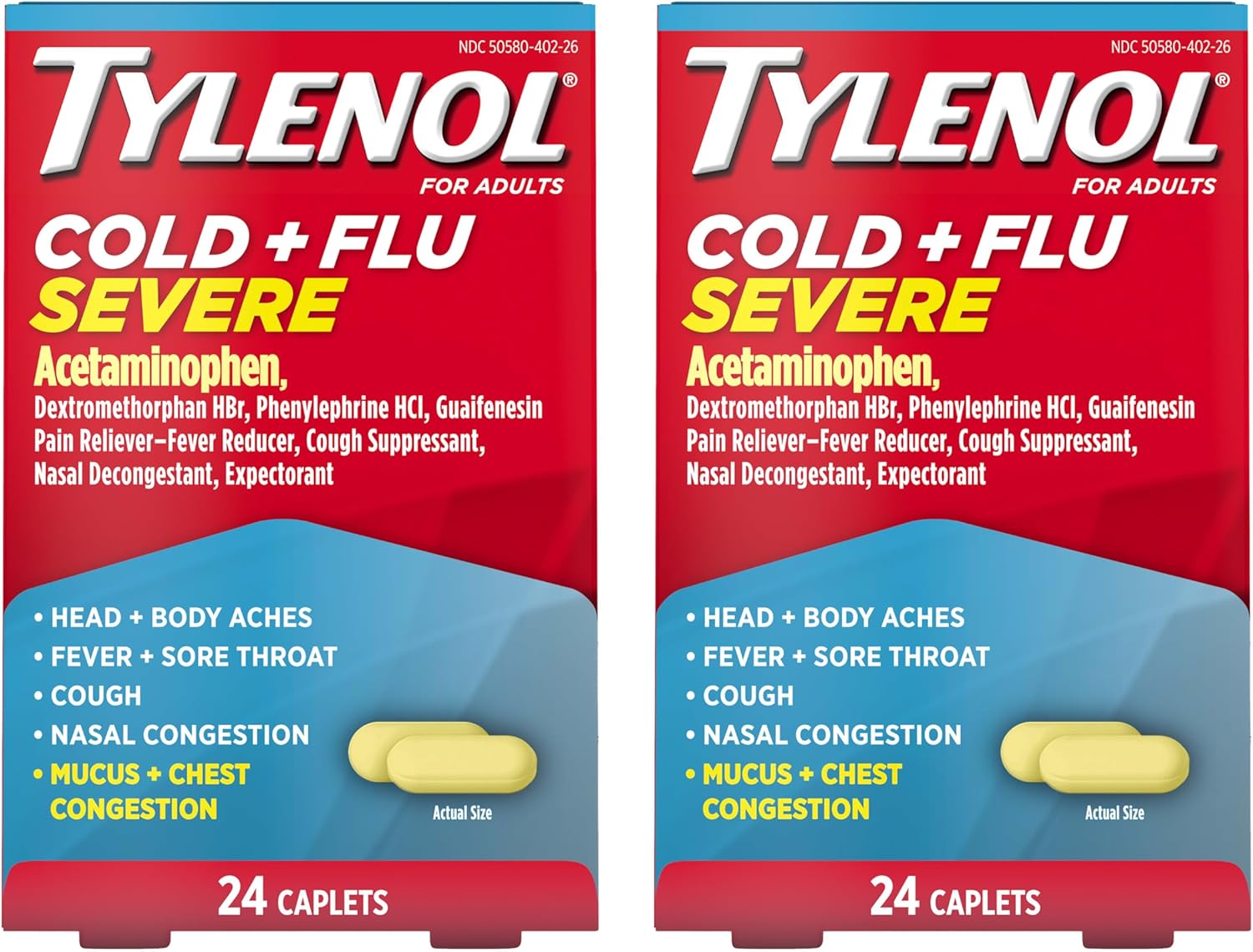 Tylenol Cold + Flu Severe Medicine Caplets for Cold & Flu Symptom Relief, Fever Reducer, Pain Reliever, Cough Suppressant, Nasal Decongestant & Expectorant with Acetaminophen, 2 pks of 24 ct ea, 48 ct