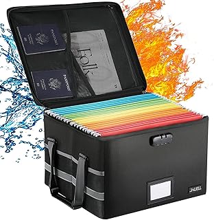 Upgraded File Box with Lock, Fireproof Document File Organizer Box with Water-Resistant Zipper & Adjustable Handle, Collapsible Filing File Cabinet for Hanging Letter/Legal Folder (Black)