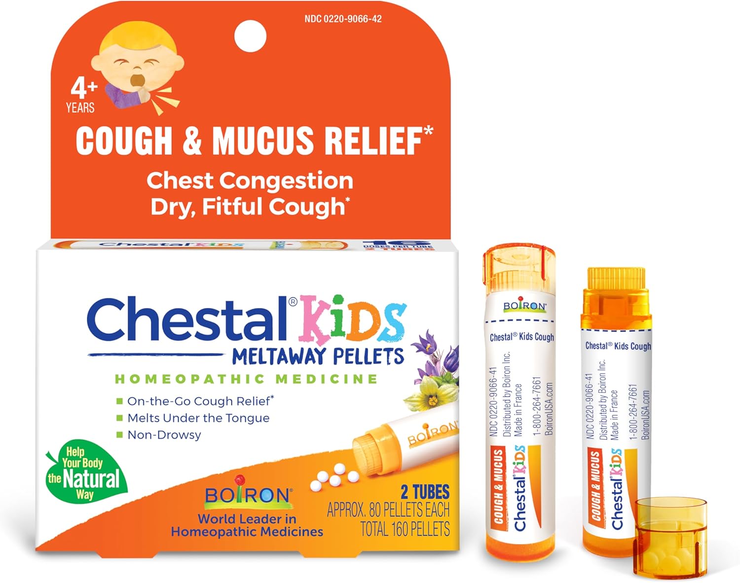 Boiron Chestal Kids Pellets for Cough and Mucus Relief, Nasal or Chest Congestion, and Sore Throat Relief - 2 Count (160 Pellets)