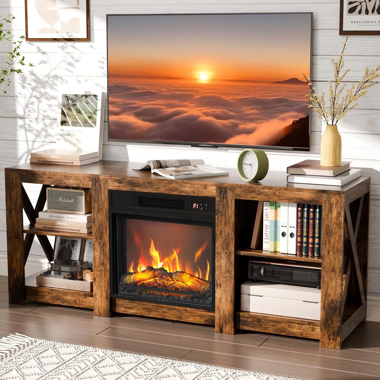 VINGLI Fireplace TV Stand for up to 70 inch TVs, Farmhouse Entertainment Center with Electric Fireplace Heater & Adjustable Shelves, Fireplace Media Console Table for Living Room, Rustic Brown