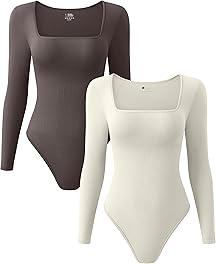 OQQ Women's 2 Piece Bodysuits Sexy Ribbed One Piece Square Neck Long Sleeve Bodysuits