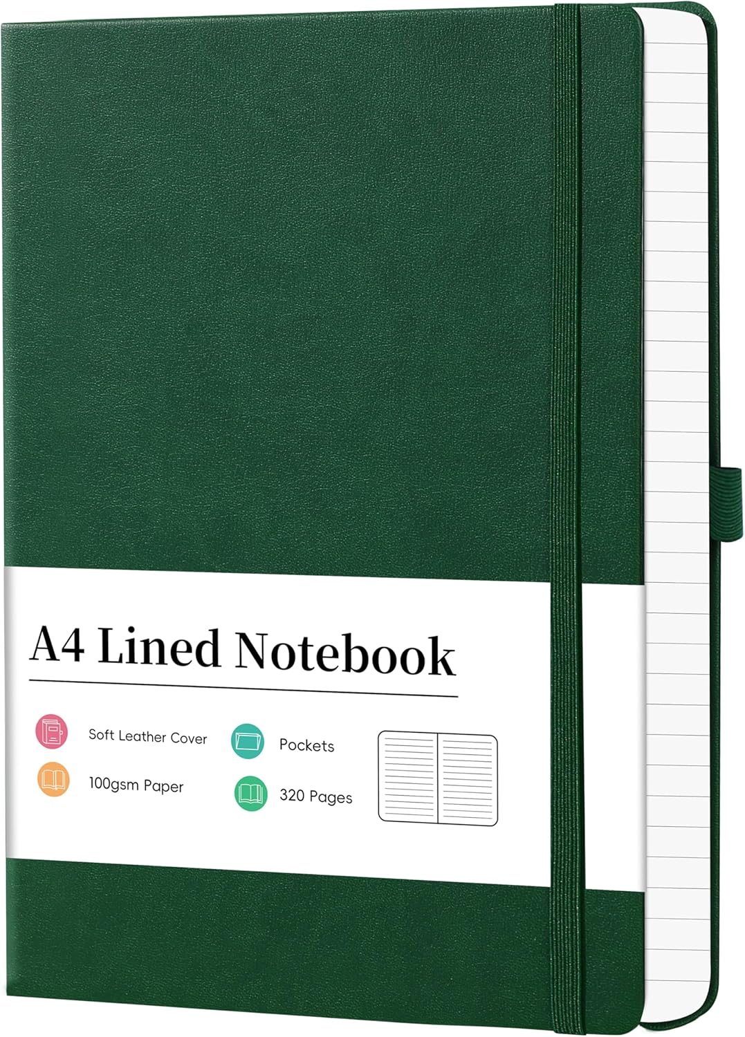 Artfan Notebook A4 - A4 Lined Notebook with 320 Pages Premium Paper, Faux Leather Classic Writing A4 Notebook Journal, 21.5 x 27.9cm, Hardcover, Green