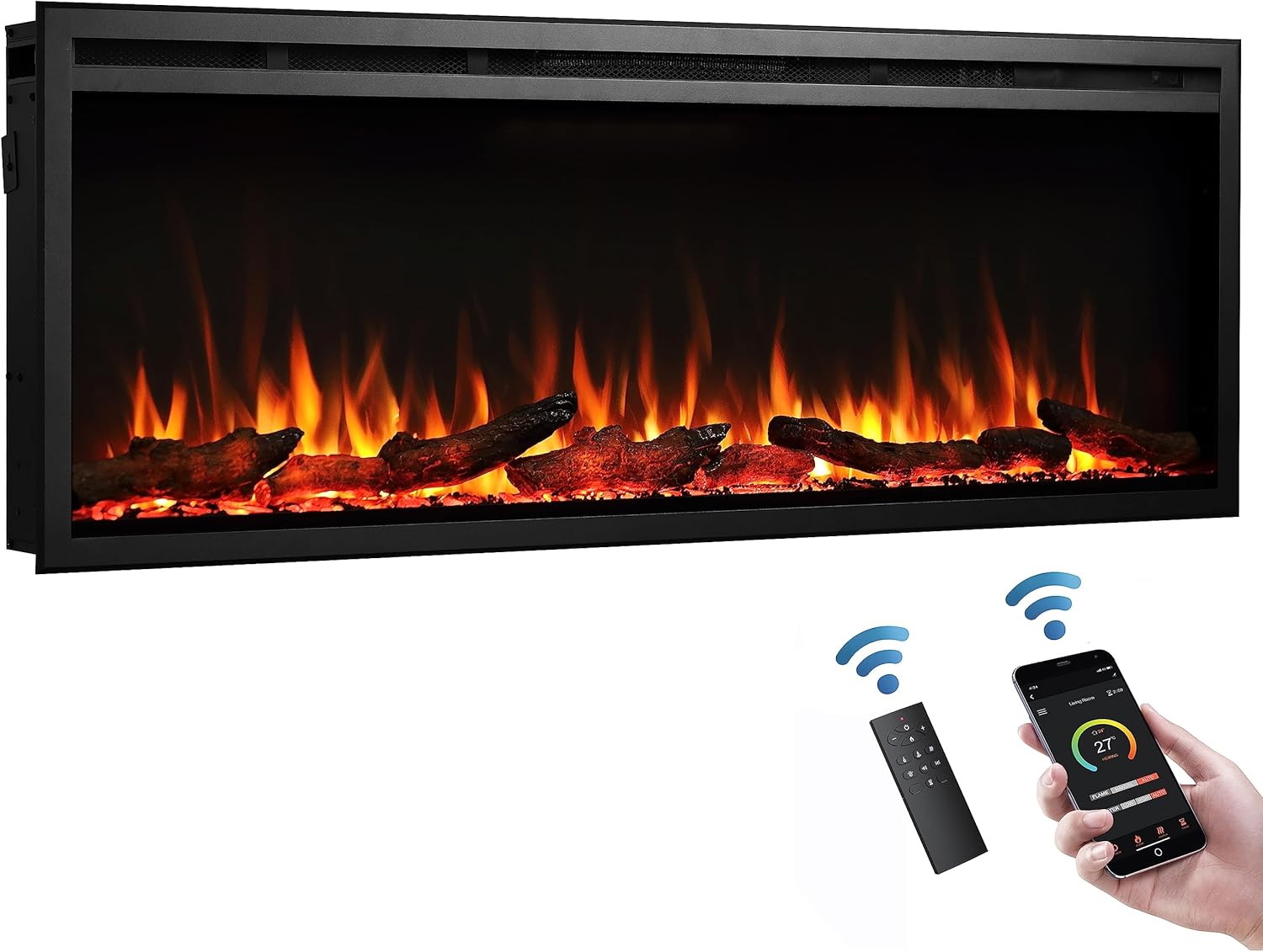 FLAMME 50"/127cm Castello Slim Frame Recessed Media Wall Inset Electric Fireplace with Multi Flame Colours 750W/1500W