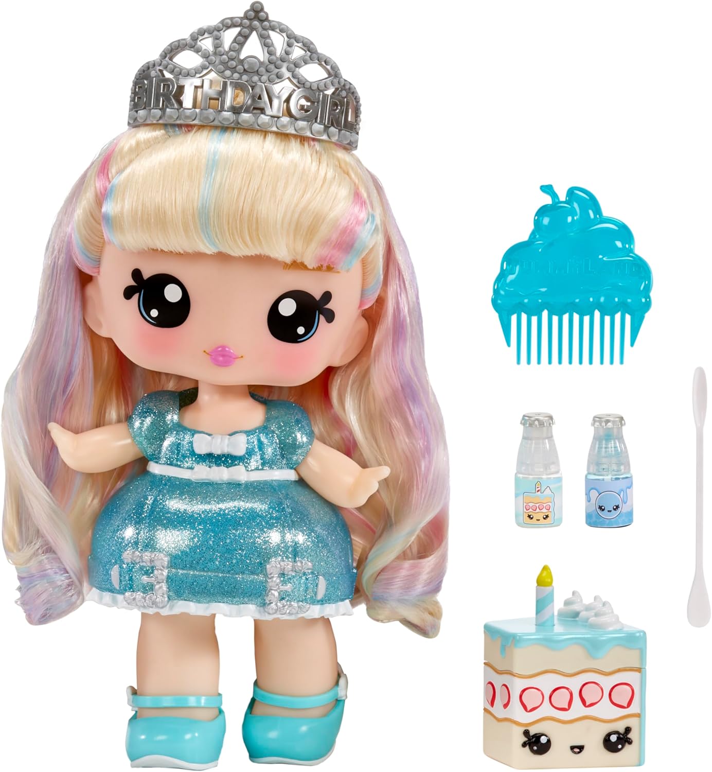 Yummiland Large Doll and Num Nom Lipgloss Pet - Callie Birthday Cake and Sprinks - Scented Character Doll with DIY Lipgloss Kit - Suitable for Kids Ages 4+, Blue