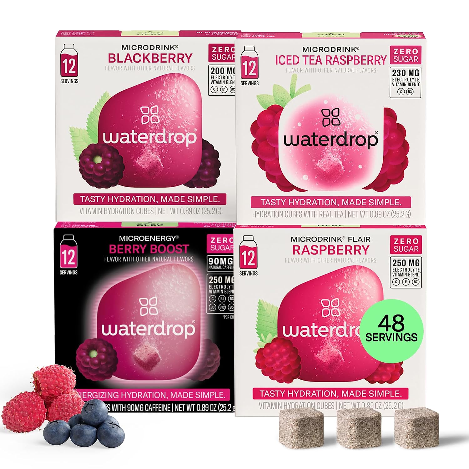 Waterdrop Hydration Cubes Mixed Berry Variety Pack, Zero Sugar Electrolyte & Vitamin Drink Mix, Flavored Water Enhancer Includes Blackberry, Microenergy Berry, Microlyte Berry, Ice Tea Raspberry, 48 Count