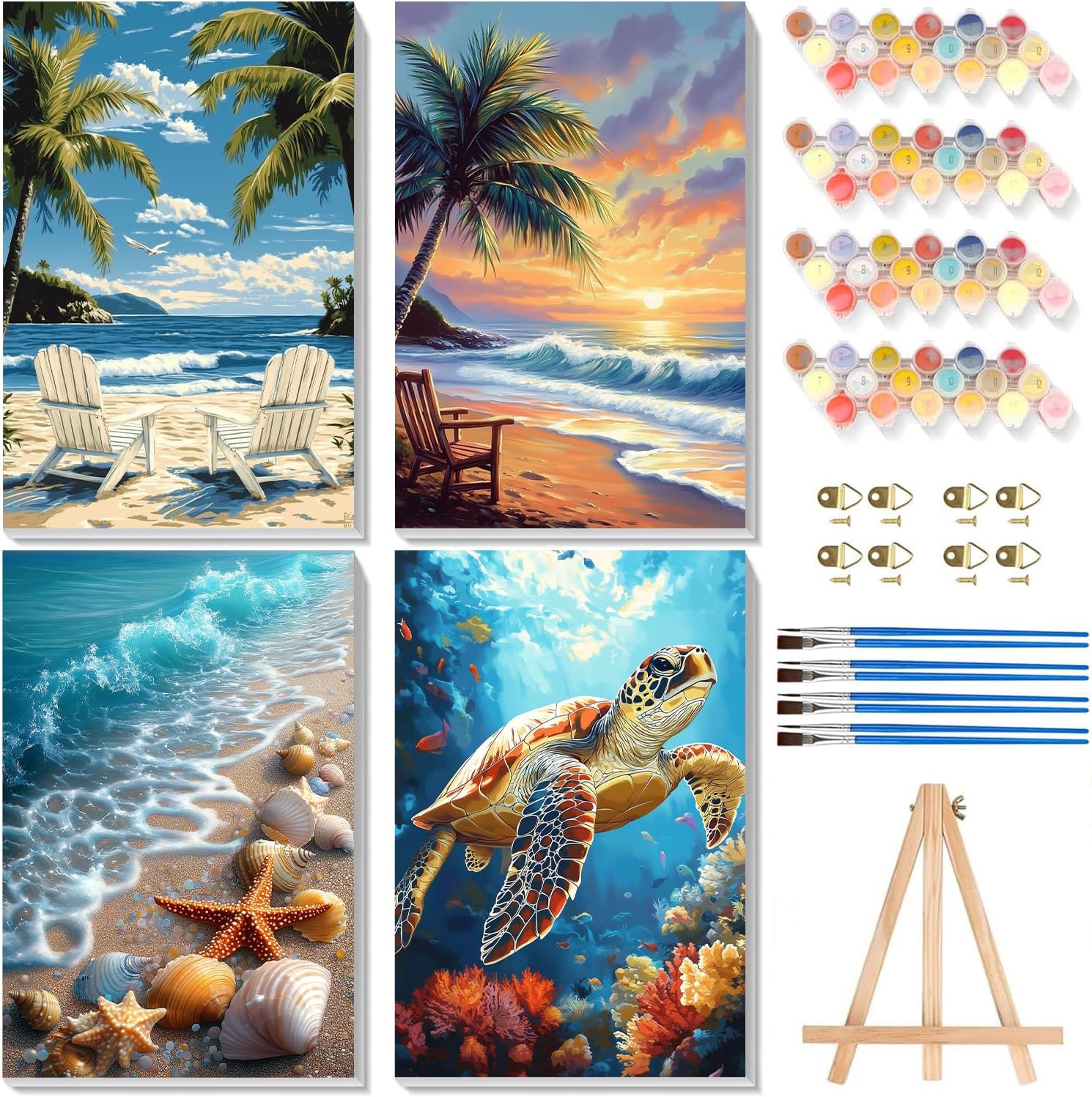 4 Pack Paint by Numbers for Adults with Framed Canvas - with Wooden Easel, Beach Paint by Number on Canvas, DIY Sea Turtle Acrylic Oil Painting Kits with Brushes for Home Wall Decor (8x12 inch)