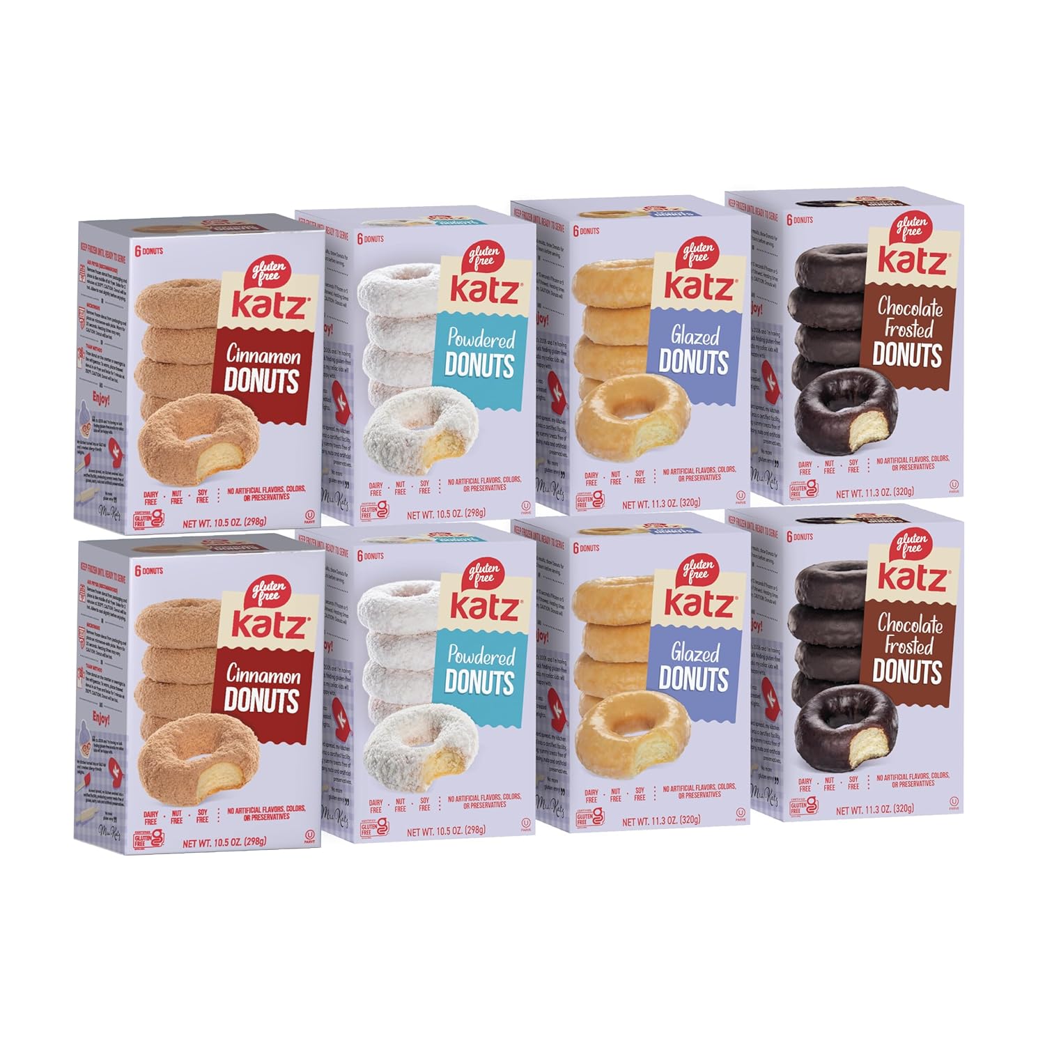 Katz Gluten Free Donuts Top 4 Flavors Variety Pack. 2 each of Powdered, Chocolate Frosted, Glazed, and Cinnamon. Free of Dairy, Tree Nuts, Peanuts, Sesame, and Soy. Kosher 8pk.