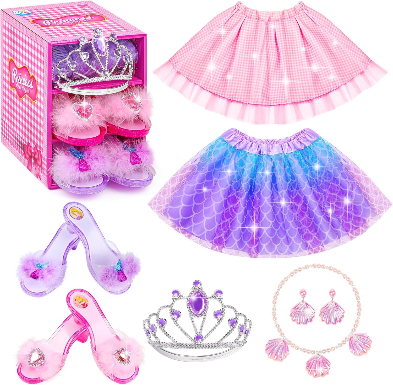 Princess Dress Up Shoes Set, Girls Dress Up Toys, Jewelry Boutique Necklace Earrings Crown, Princess Dresses Role Pretend Play Gifts Princess Toys for Girls Aged 3 4 5 6 Years Old