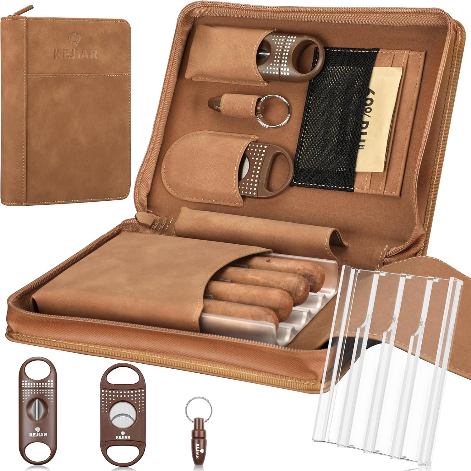 Cigar Humidor Case, Portable Cigar Box with Cigar V Cutter, Straight Cigar Cutter, Cigar Punch, Cigar Humidifier Packs, Travel Humidor and Cigar Accessories Gift Set Leather Cigar Case (Brown)