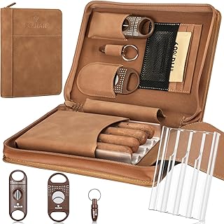 Cigar Humidor Case, Portable Cigar Box with Cigar V Cutter, Straight Cigar Cutter, Cigar Punch, Cigar Humidifier Packs, Travel Humidor and Cigar Accessories Gift Set Leather Cigar Case (Brown)