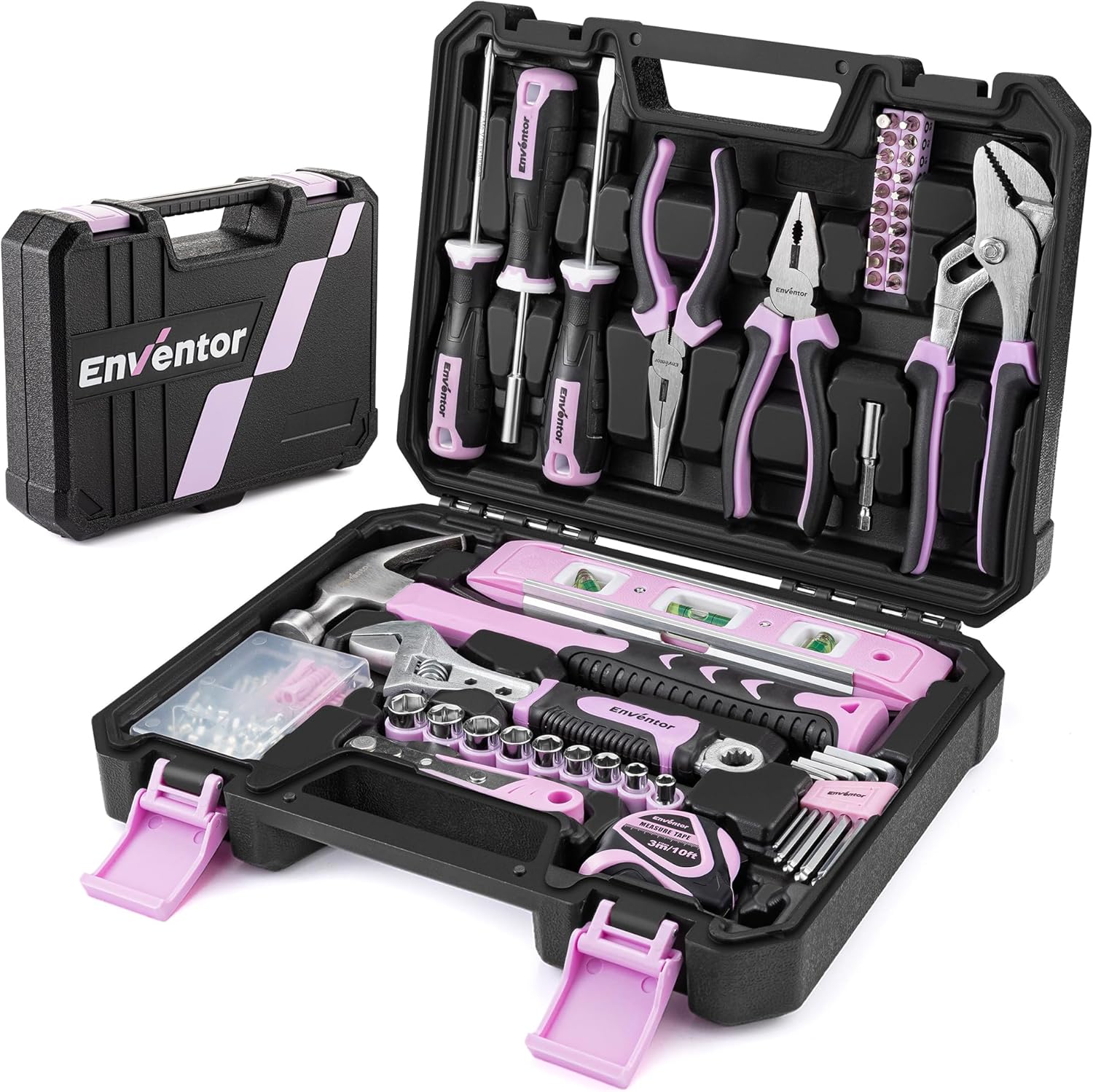 Enventor Pink Tool Kit Set for Women, 108PCS General Household Hand Tool Kit with Storage Toolbox, Ladies Small Tool Kits for Home
