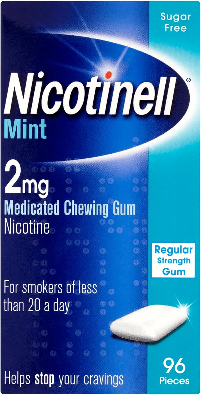 Nicotinell Mint Gum 2mg (96 Pieces), Stop Smoking Aid, Sugar Free Nicotine Gum, Mint Flavour, 2mg Regular Strength for Light Smokers, Quit Smoking Aid