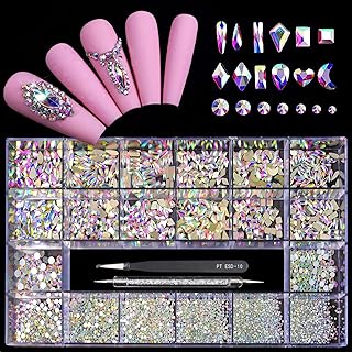12 Types of 600 Iridescent Diamonds + 2500 Flat Rhinestones Mix 20 Styles Flatback DIY Crafts Rhinestone Crystals 3D Decorations Flat Back Stones Set +Tweezers + Drill Pen