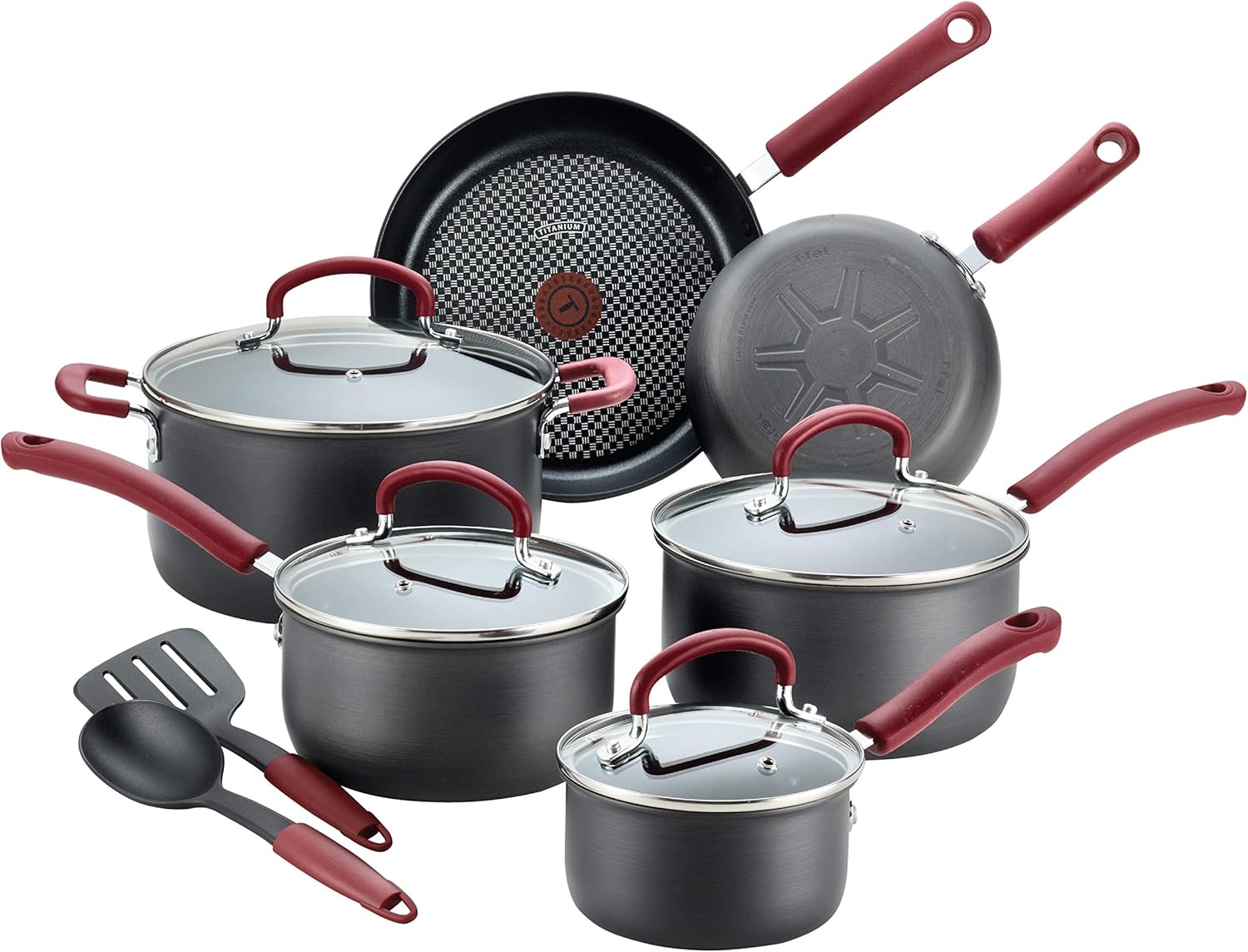 T-fal Ultimate Hard Anodized Nonstick Cookware Set 12 Piece, Oven Broiler Safe 600F, Kitchen Cooking Set w/Fry Pans, Saucepans, Dutch Oven, Kitchen Utensils, Pots and Pans, Dishwasher Safe, Black