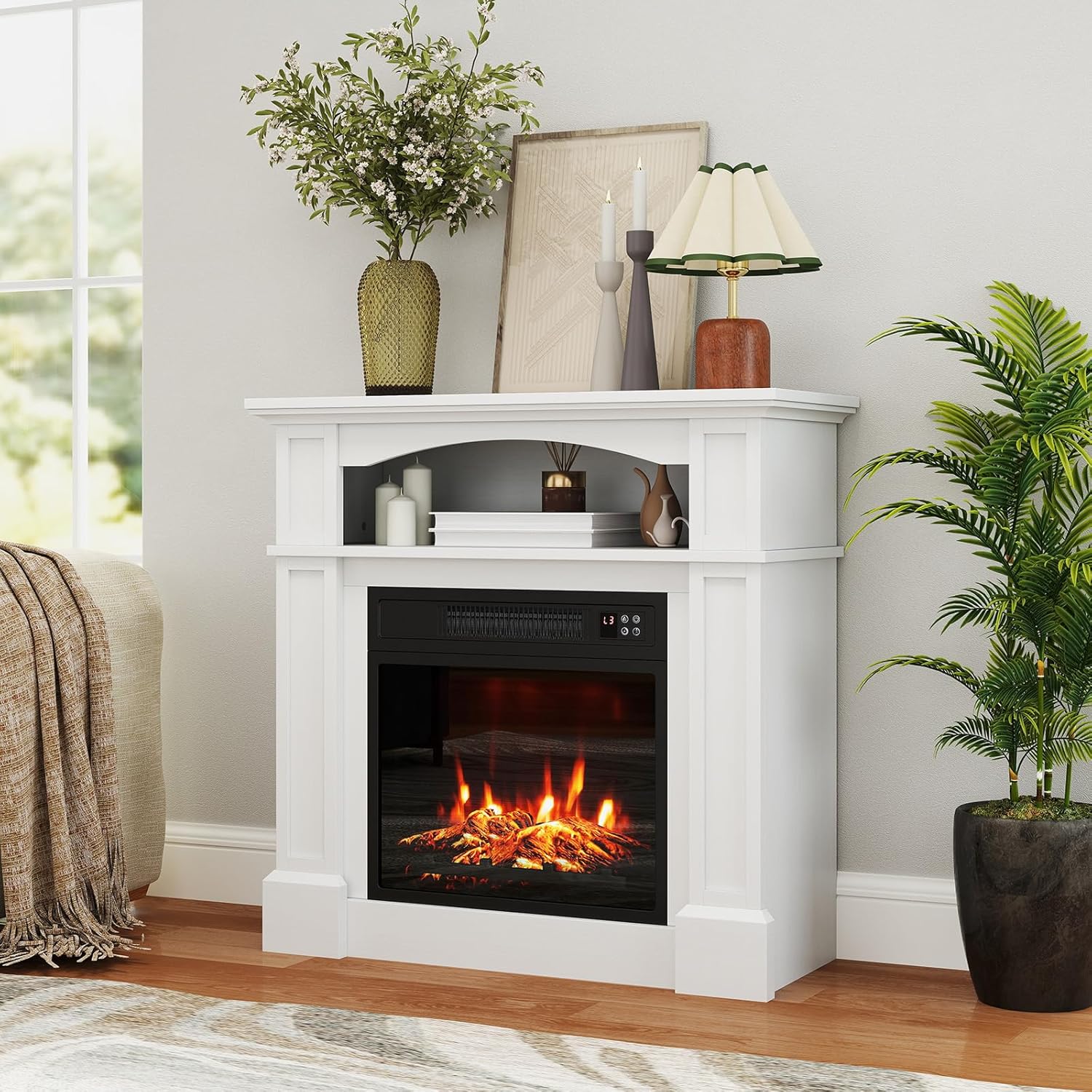 RELAX4LIFE Electric Fireplace with Mantel - 32’’ Wooden Surround Firebox w/1400W Fireplace Insert, 3 Flame Effect, 6H Timer, Overheat Protection, Remote Control, Freestanding Fireplace Heater (White)