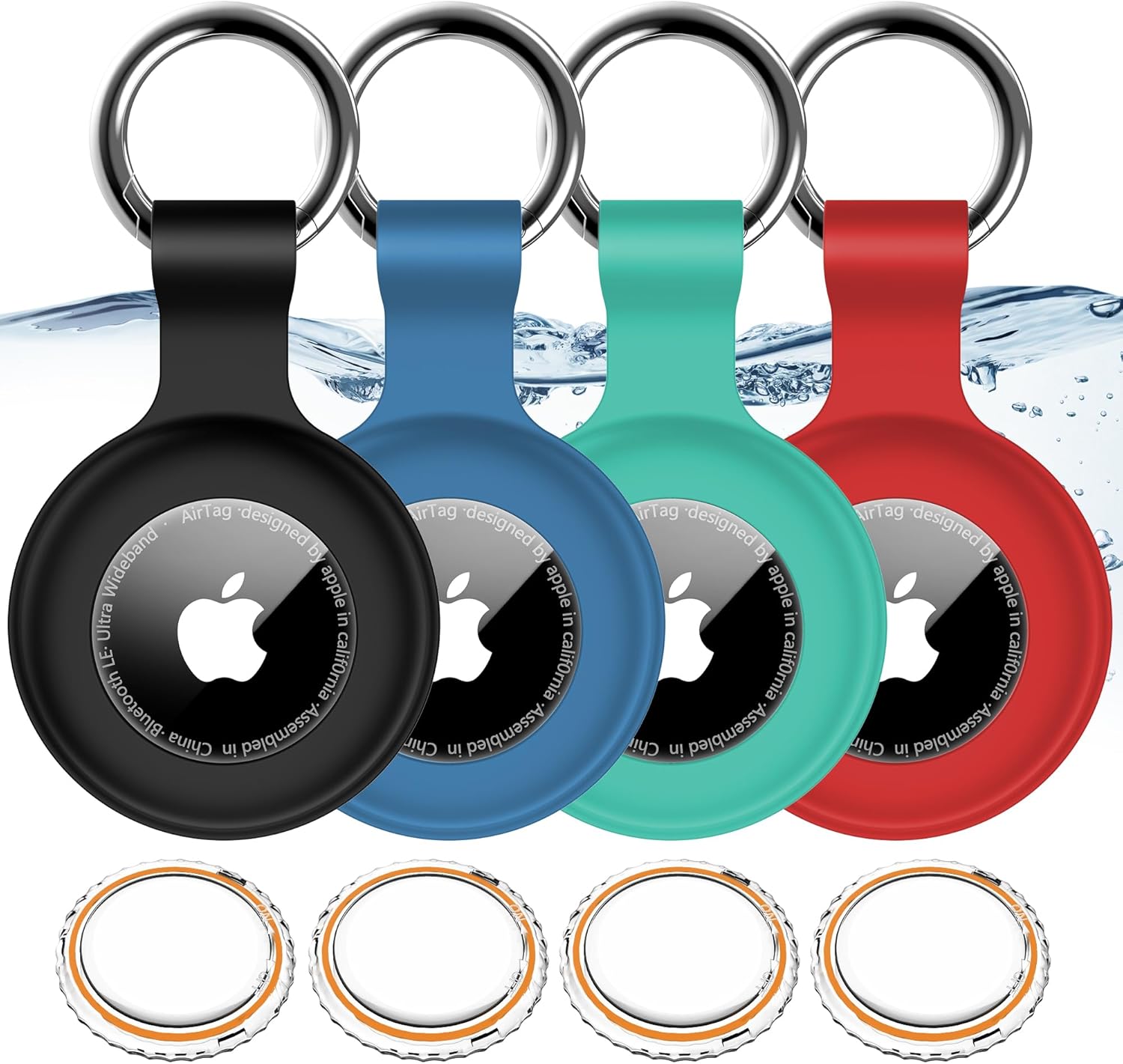 4Pack for Airtag Holder IPX8 Waterproof for Apple Air Tags with Keychain,Shockproof GPS Cover [Anti-Scratch] [PC+Silicone] for Air-Tag Item Finders Case for Pets,Kids,Luggages-Black/Blue/Green/Red