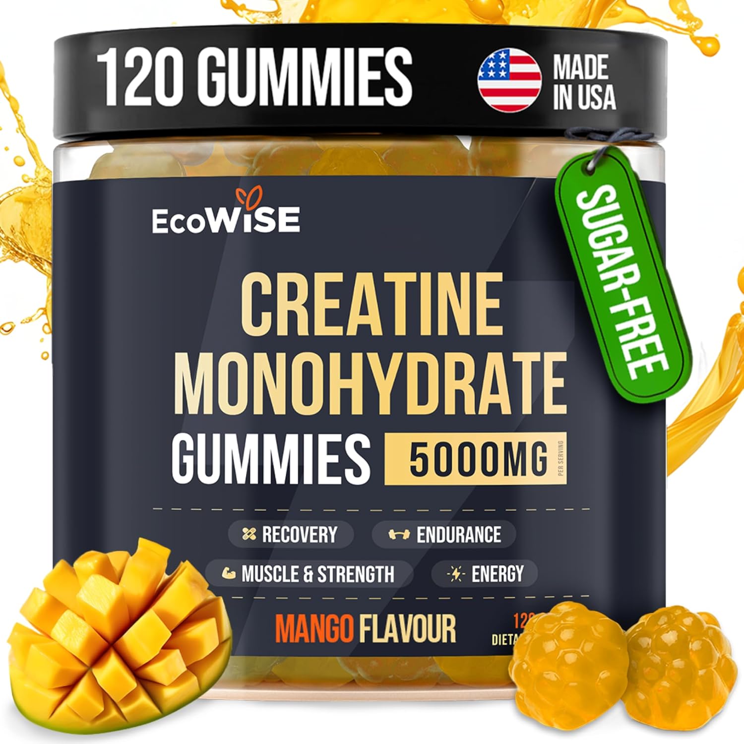 Creatine Monohydrate Gummies 5000 mg, Mango Flavor, 120 Sugar-Free Vegan Chews, Creatine Supplement for Daily Routine