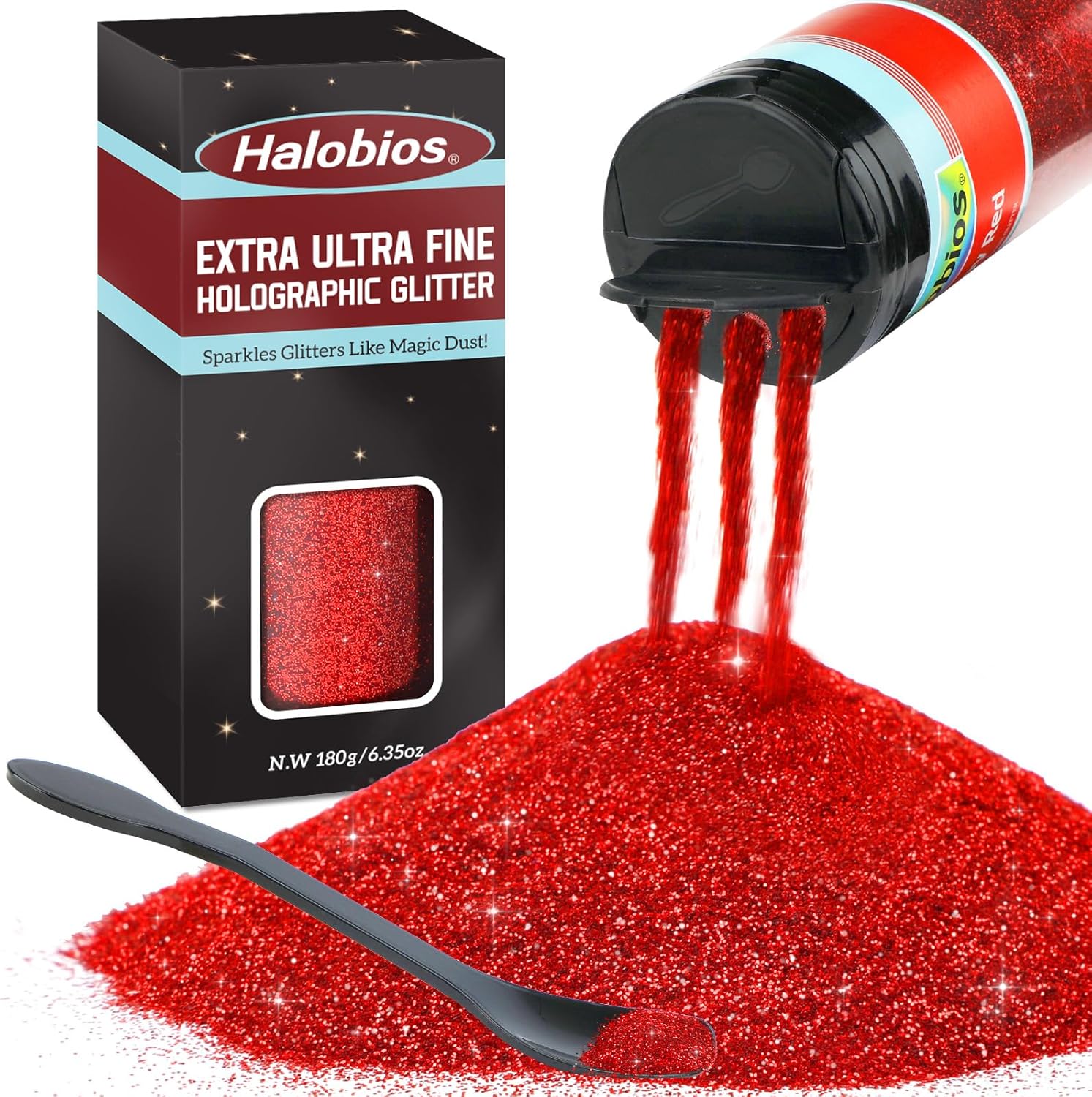 Halobios Extra Fine Glitters, Holographic Red Glitter, 180g(6.35oz) Ultra Fine Glitters, 1/128" Resin Glitter Powder for Hair Body, Nails, Arts and DIY Crafts Decoration