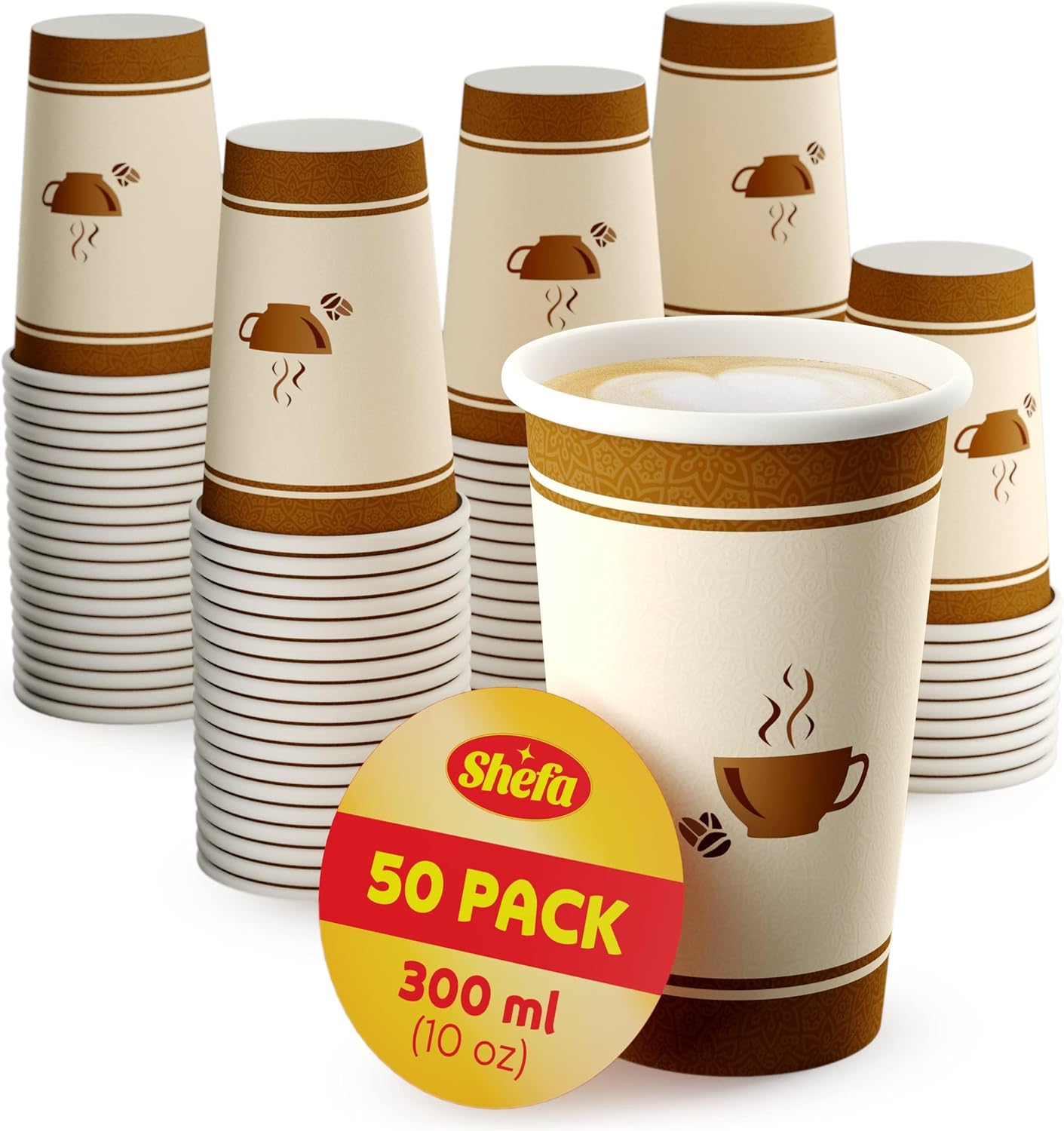 Shefa 10oz, 50 Paper Cups - Heat-Resistant, BPA-Free Coffee Cups for Hot and Cold Drinks - Takeaway for Coffee Shops
