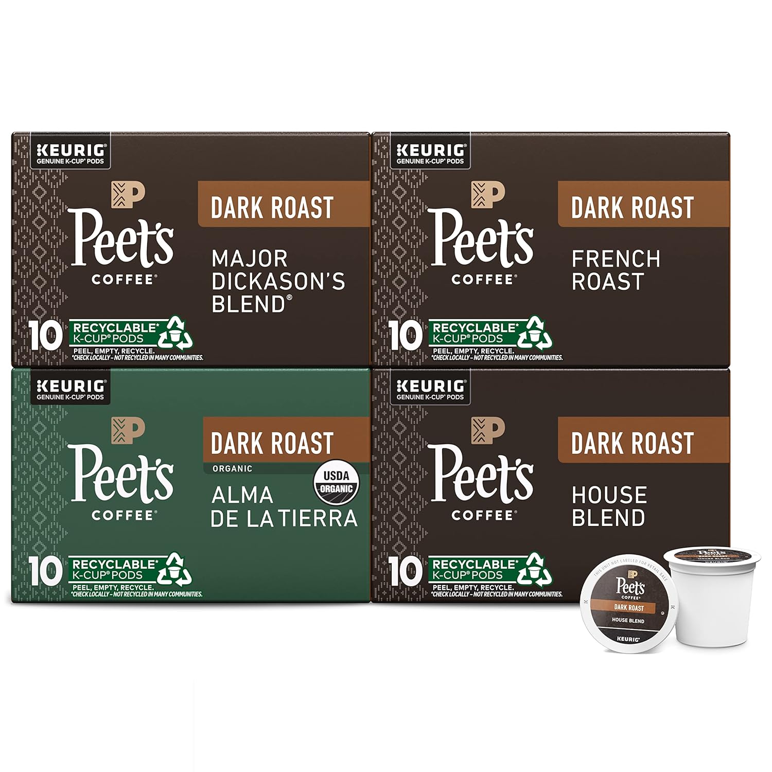 Peet's Coffee, Keurig K-Cup Pods Dark Roast Variety Pack - Major Dickason's Blend, French Roast, Organic Alma De La Tierra, House Blend, 40 Count (4 Boxes of 10 K-Cup Pods)