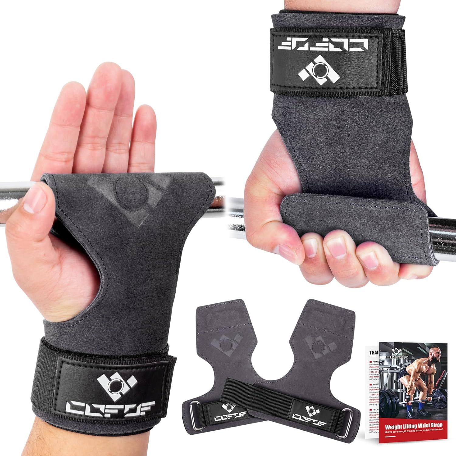 COFOF Weight Lifting Wrist Strap, Double Layer Leather Wrist Strap for Deadlift and Powerlifting, Adjustable Neoprene Padded Gym Workout Lifting Hooks (Pair)