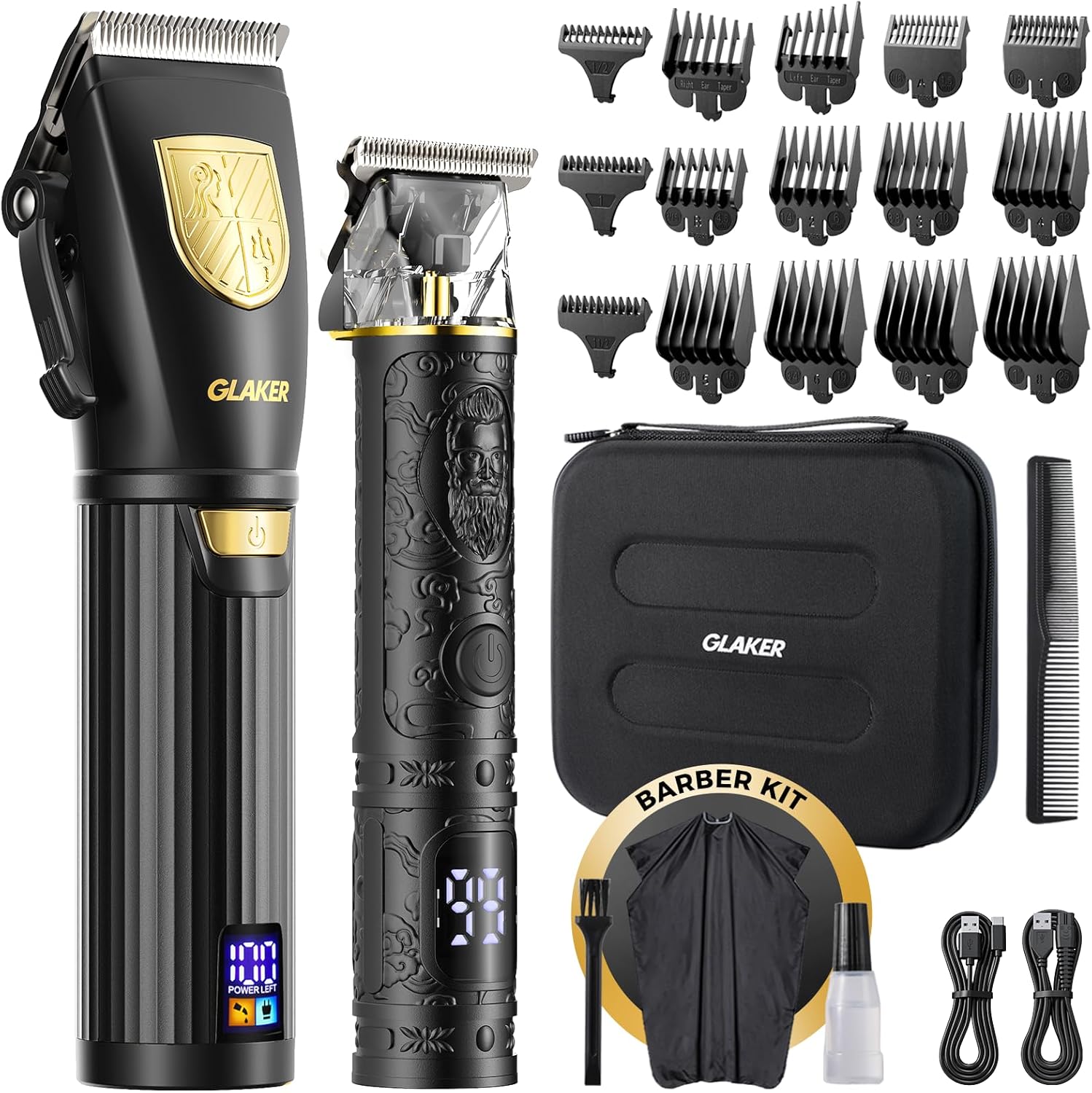 GLAKER Hair Clippers for Men Professional, Cordless Clippers for Hair Cutting, Mens Hair Clippers and Trimmer Kit for Barber with LED Display 15 Guide Combs