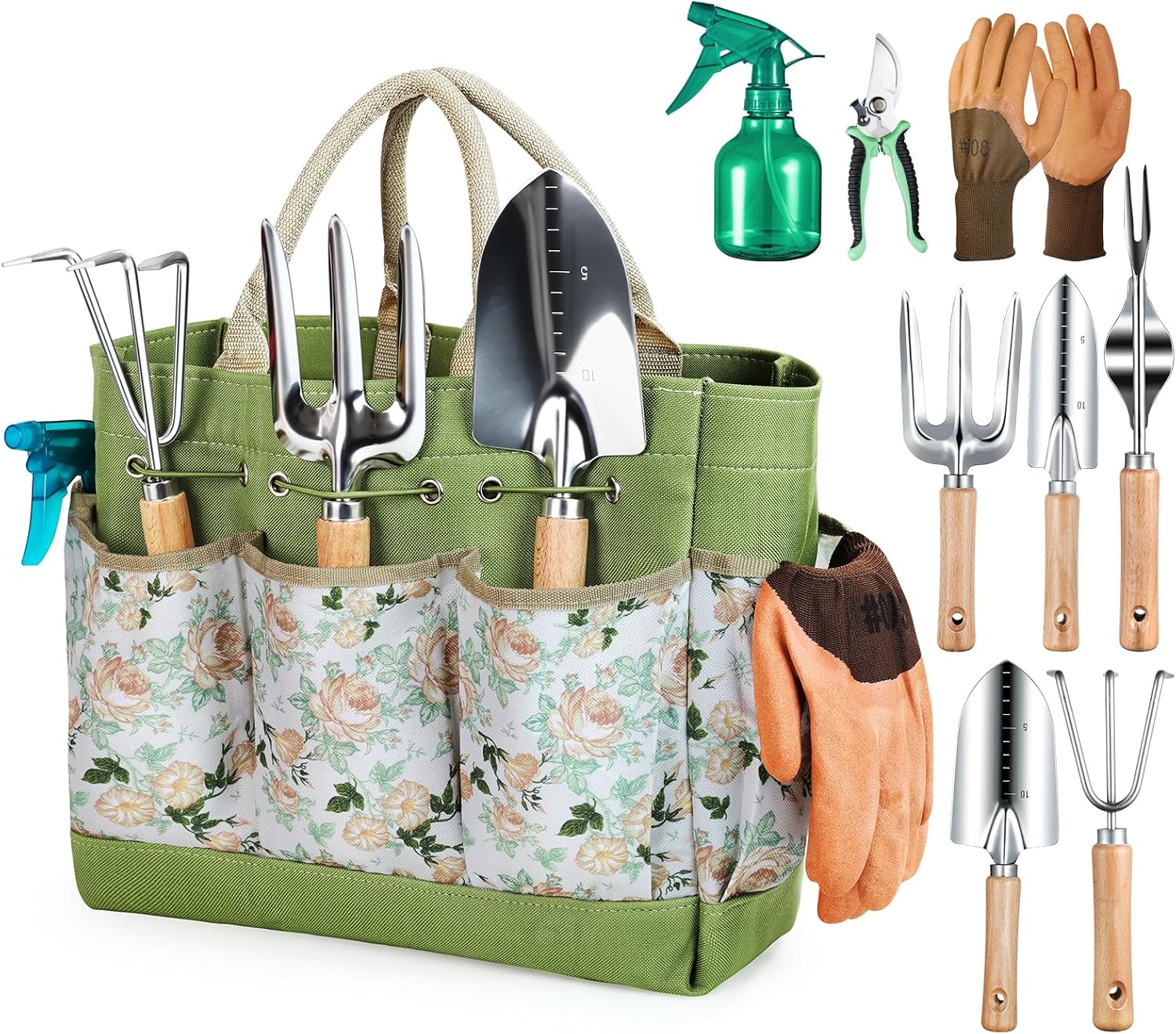 Heavy Duty Garden Tools Set, 9-Piece Stainless Steel Rust-Proof Gardening Kit with Non-Slip Ergonomic Handles & Durable Storage Tote Bag, Gardening Gifts for Women Men, Indoor/Outdoor Plant Tools