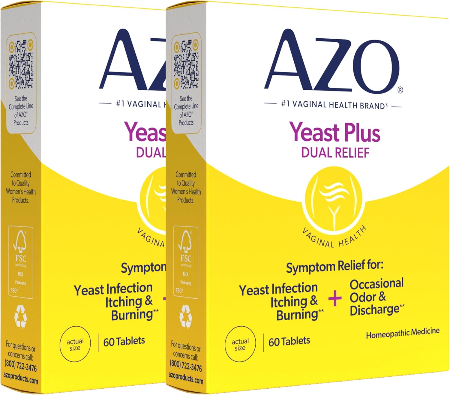 AZO Yeast Plus Dual Relief Homeopathic Medicine | Yeast Infection Symptom Relief: Itching & Burning | Vaginal Symptom Relief: Occasional Odor & Discharge | #1 Most Trusted Brand | 2 Pack (60ctx2)