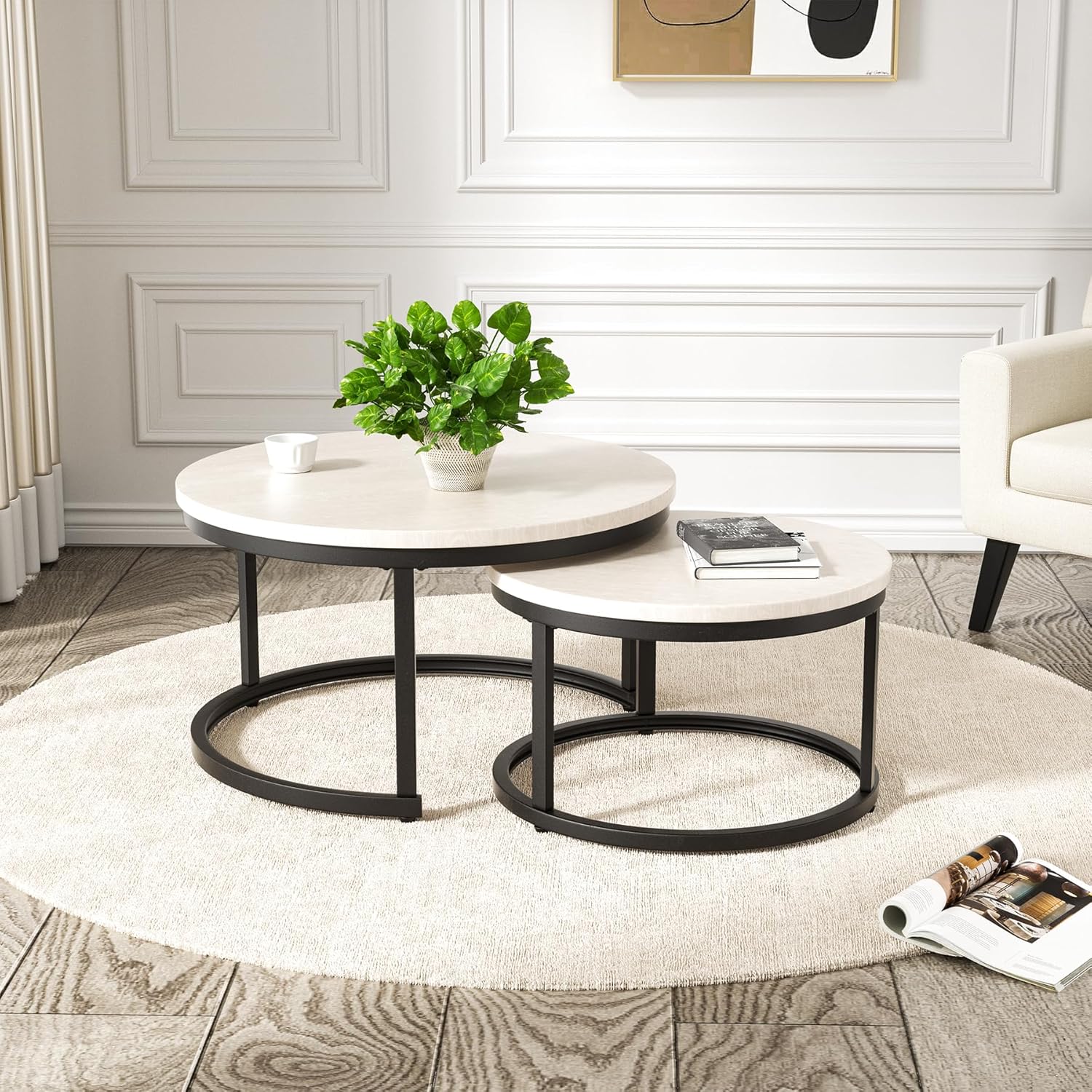 Hawthyhome Round Nesting Coffee Table Set of 2, Side Table for Living Room, Multi-functional Side Table with Metal Frame, /Living Room/Bedroom White