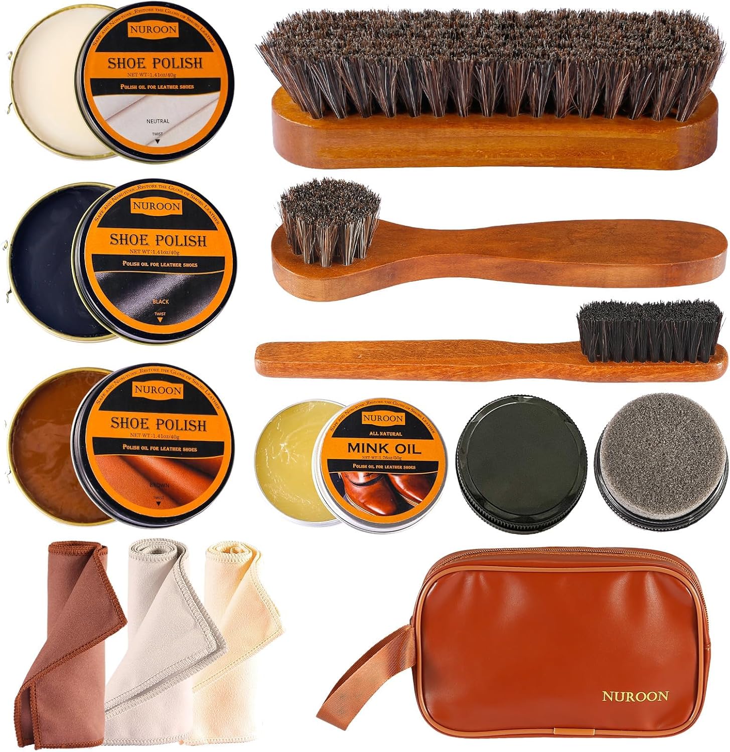 13Pcs Polish Kit for Men & Women - 3 Horsehair Brushes, Black Brown Neutral Mink Oil for Shoes, Boots Shine Care Kit