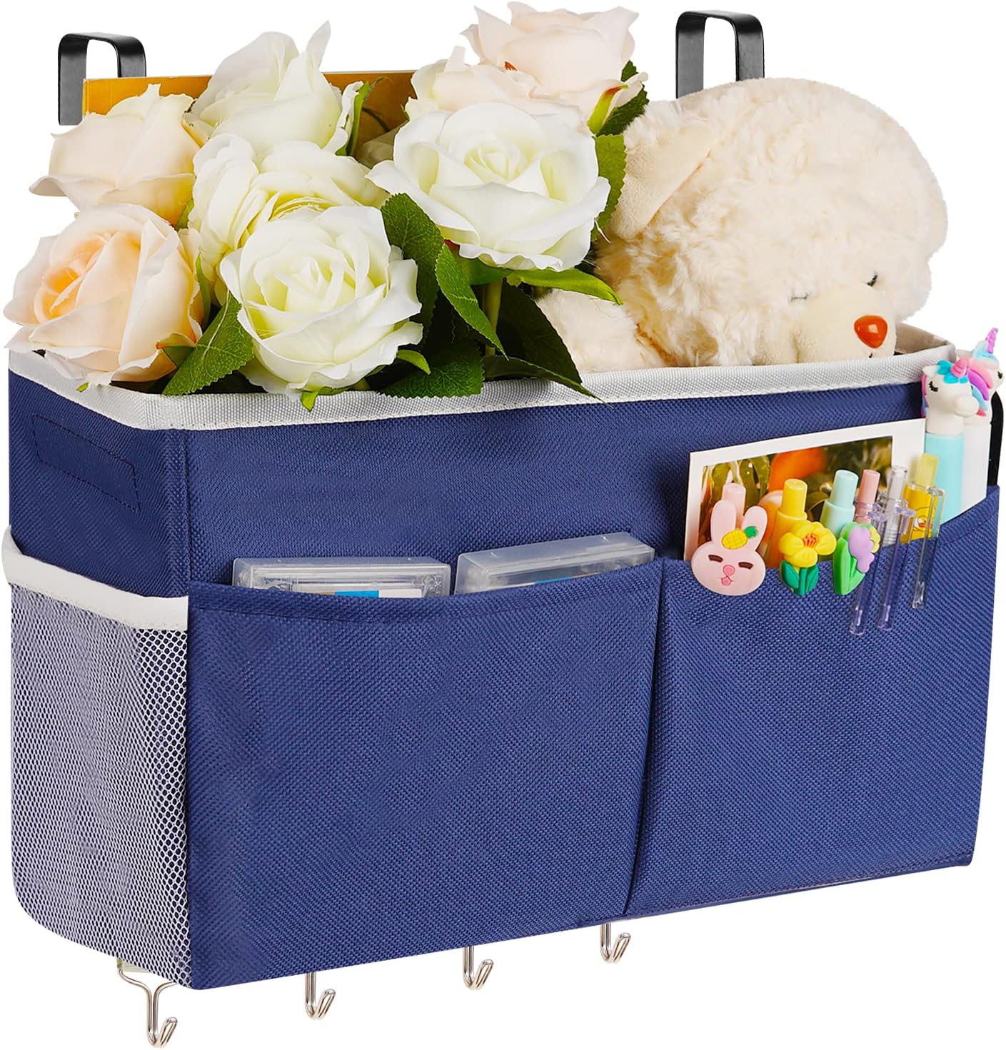 Bedside Storage Organizer 5 Pockets with 4 Hooks Hanging Storage Bag for Headboards/Bunk Bed (Dark Blue)