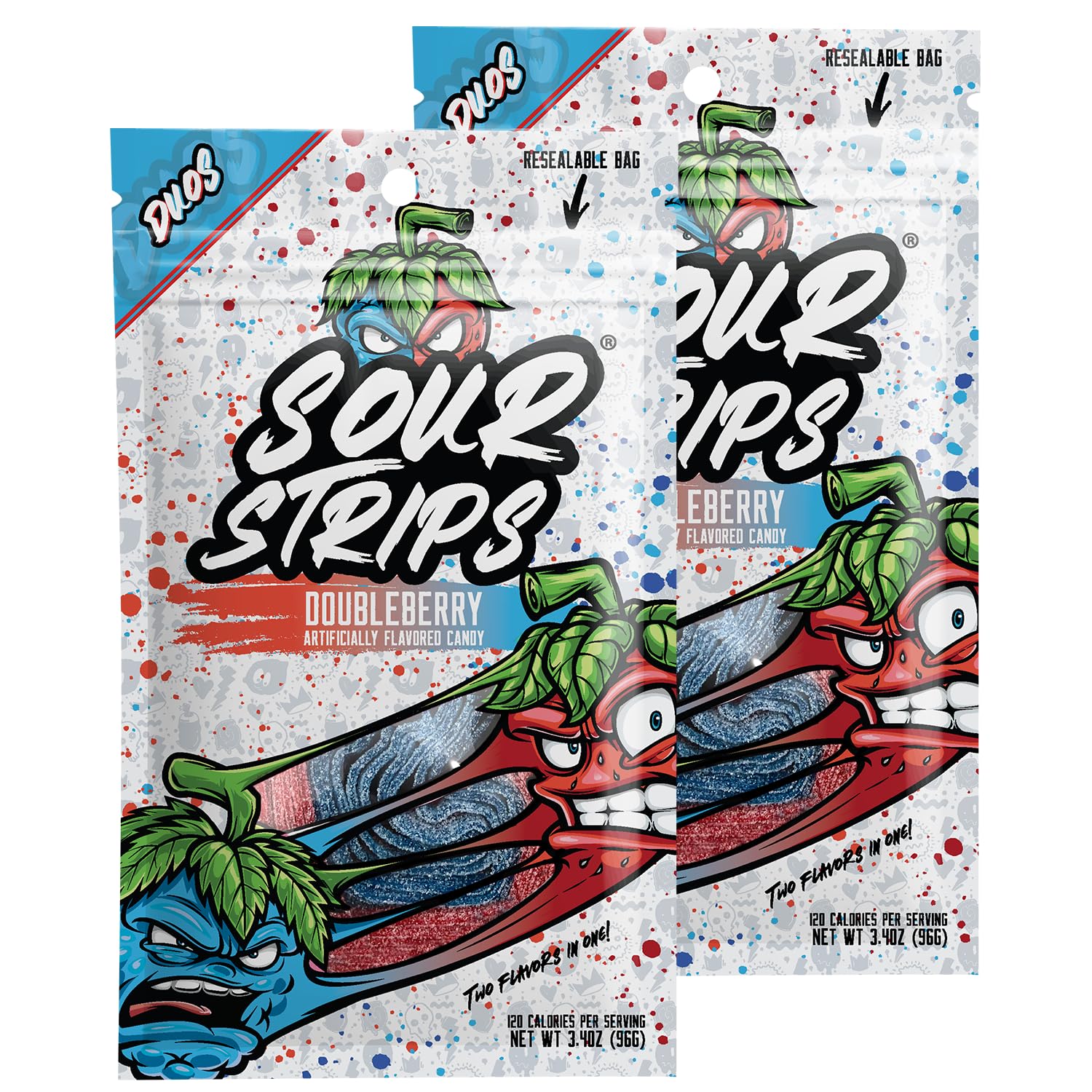 SOUR STRIPS Sour Strips Flavored Sour Candy Strips, Deliciously Sour Chewy Candy Belts, Vegetarian Candies, 2 Pack (Doubleberry (2 Pack))