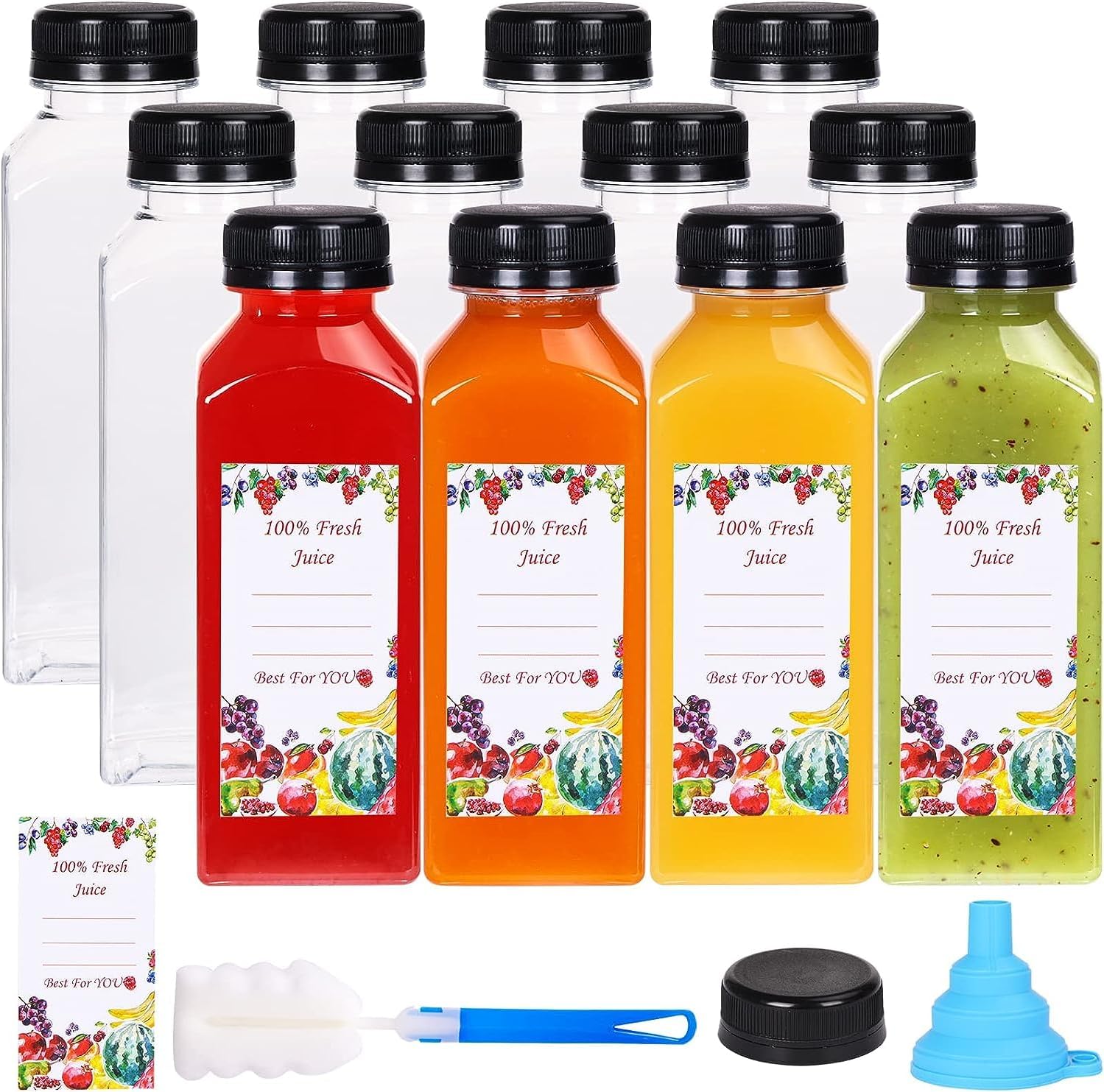 KAHEIGN 12Pcs Plastic Juice Bottles with Tamper Caps, 12oz /360ml Empty Clear Juice Beverage Containers Reusable Water Bottles with Lids, Label, Funnel and Brush for Smoothie Milk Homemade Beverages