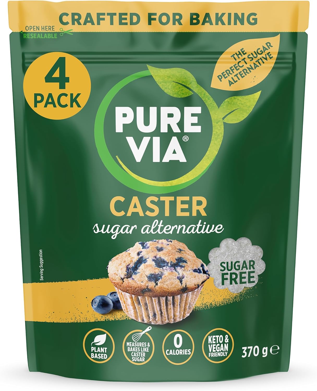 Pure Via Baker’s Secret Caster Sugar Alternative – Plant Based, Keto and Vegan Friendly Sweetener with Acacia Gum - 370G (Pack of 4)