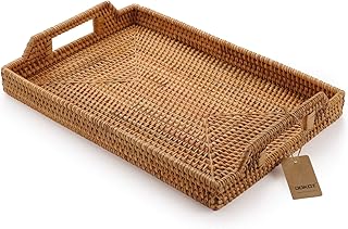Hand-Woven Rattan Rectangular Serving Tray with Handles for Breakfast, Drinks, Snack for Coffee Table (14.5x10.2x1.4inches)