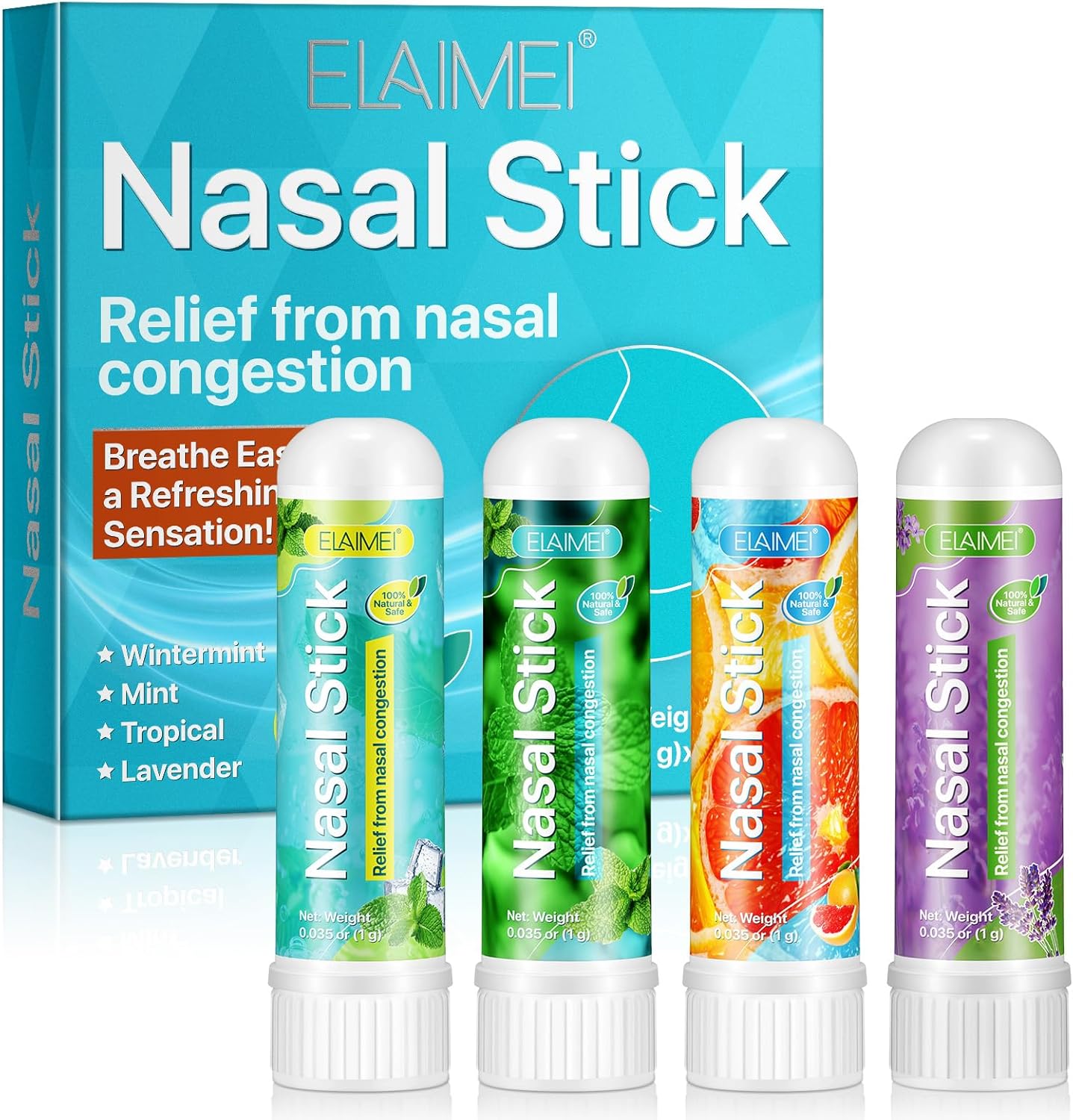 Nasal Stick 4 Pack, Fast Relief from A Stuffy Nose, Enhances Breathing and Boosts Focus, Breathe Vapor Stick Provides Fresh Cooling Sensation, Made with Essential Oils and Menthol