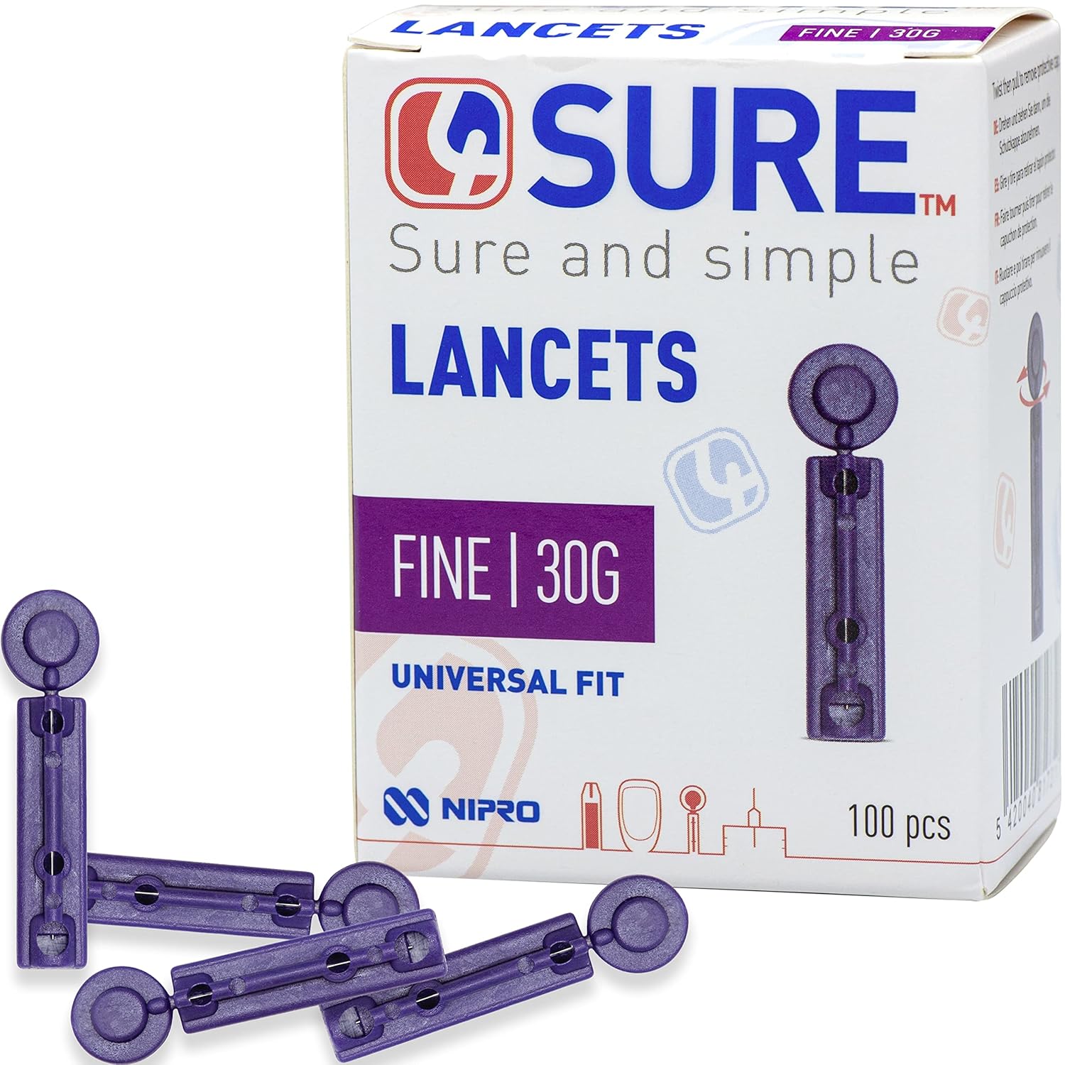 Lancets for Blood Tests - Sterile Single-Use, Finger Pricker Lancing Device with 3-Bevelled Needle Tip & Twist Top Cap for Blood Glucose and Ketone Testing - Universal Fit, 100 Pcs, 30G - Nipro