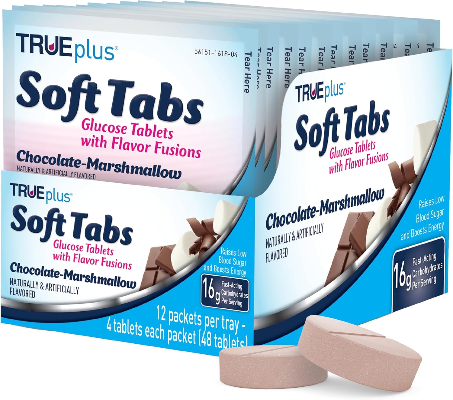 TRUEplus Soft Tabs Glucose Tablets, Chewable, Chocolate Marshmallow Flavor, 16g Fast-Acting Carbohydrates, Fat Free, Gluten Free, Boost Energy, 4 Count, 12 Packs