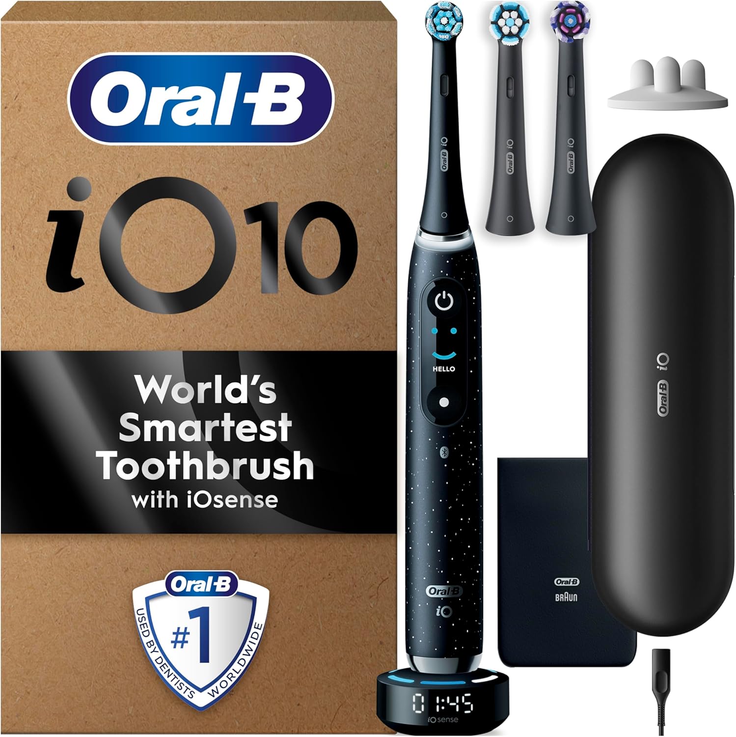 Oral-B iO10 Electric Toothbrushes Adults, Gifts For Women / Men, 1 Handle, 3 Toothbrush Heads, Charging Travel Case, Toothbrush Head Holder, 7 Modes, 2 Pin UK Plug, Cosmic Black, Oral B IO Toothbrush