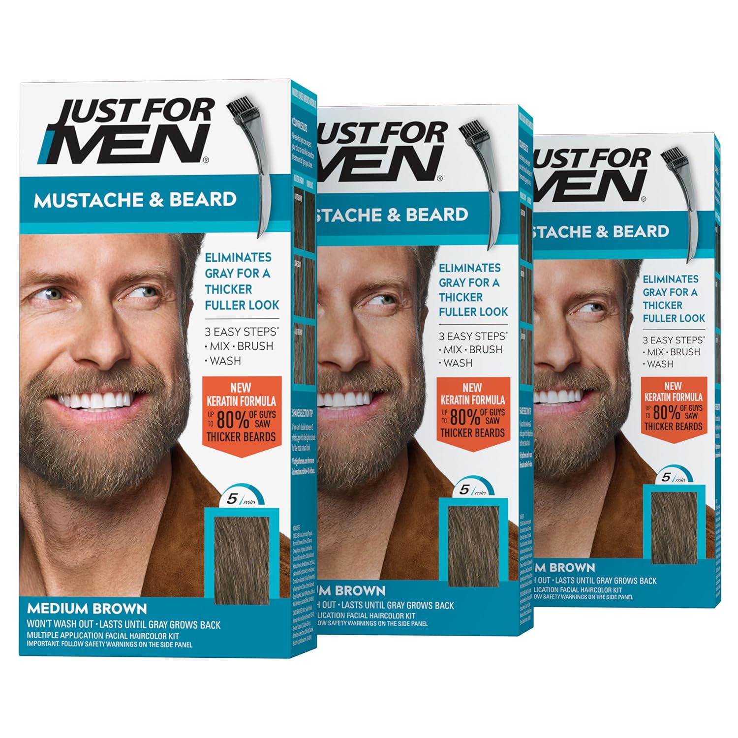 Just For Men Mustache & Beard, Beard Coloring for Gray Hair with Brush, with Keratin Biotin Aloe and Coconut Oil for Healthy Facial Hair - Medium Brown, M-35, Pack of 3 (Packaging May Vary)