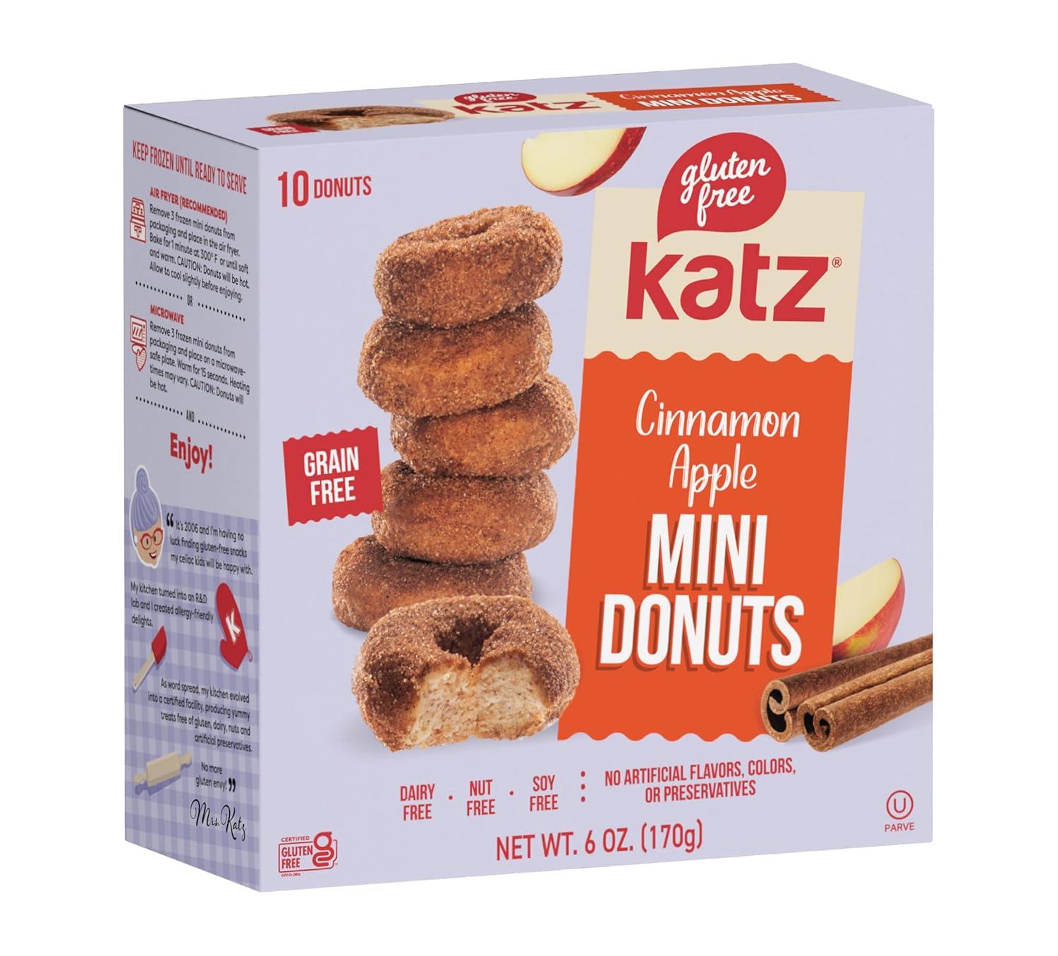 Katz Gluten Free Mini Cinnamon Apple Donuts. Fresh Baked Donuts Made With Apple Chunks and Dusted In Cinnamon Sugar. Grain Free. Tree Nut Free, Peanut Free. Kosher. 10 Donuts. 6.0 oz. (Pack of 1)