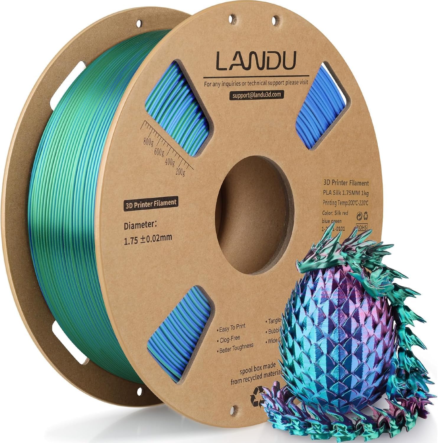 LANDU Silk Tri-Color PLA Filament 1.75mm 1Kg, Triple Color Silk PLA Filament, Rainbow PLA Filament, Neatly Wound 3D Printer Filament, 3 in 1 Multi Color Filament +/-0.02mm, Red Blue Green