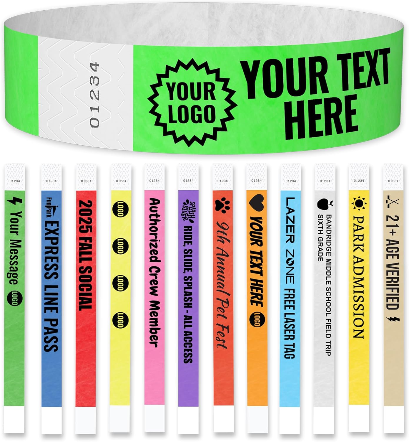 WristCo Custom Printed Wristbands | Super Rush | Fast Delivery – Select a Color Quantity & Personalize w/Clipart Text & Logos - Tyvek Wrist Band ID Bracelets for Events Party Security Admission VIP