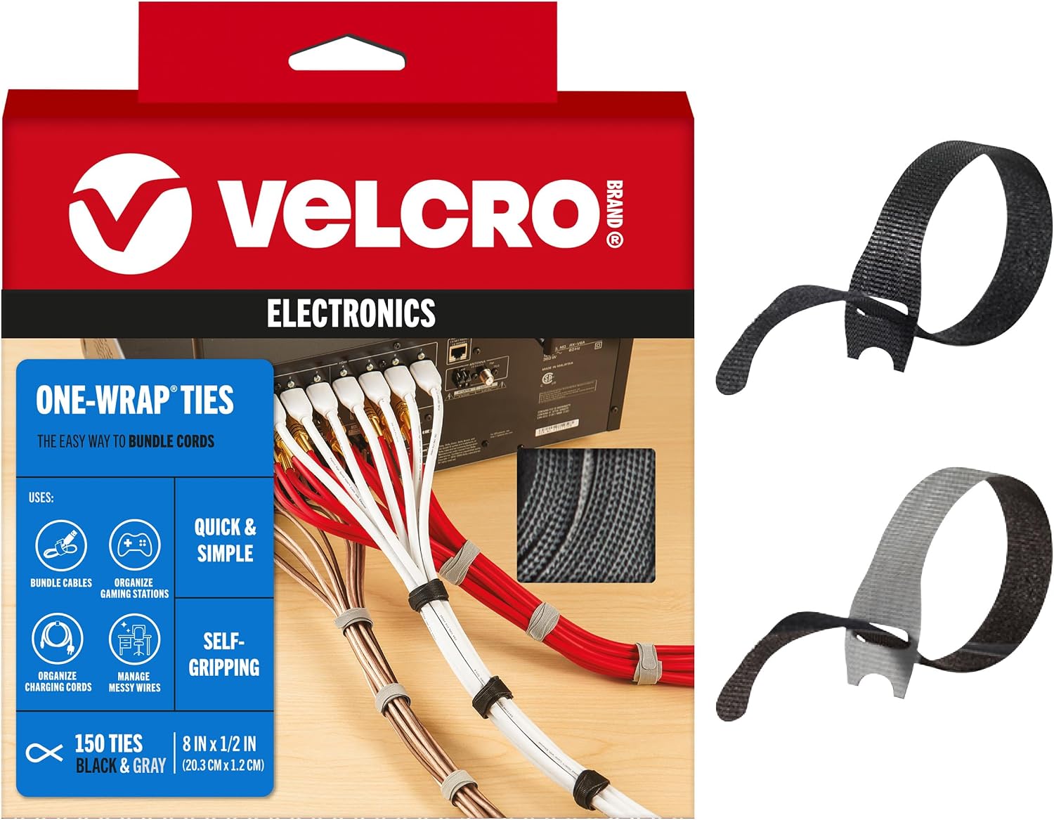 VELCRO Brand 150pk Cable Ties Value Pack | Replace Zip Ties with Reusable Straps, Reduce Waste | For Wire Management and Cord Organizer | 8 x 1/2" Thin Pre-Cut Design, Black and Gray