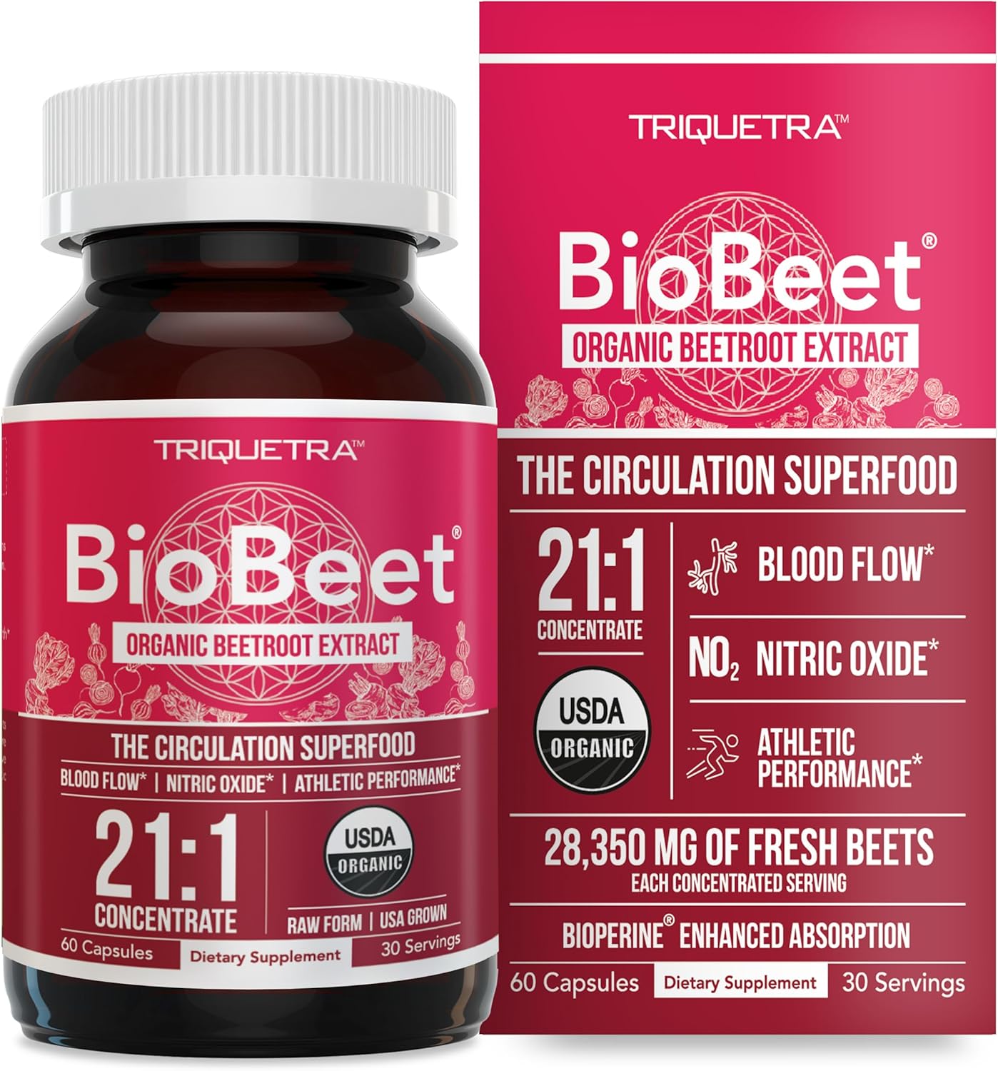 BioBeet® Max Strength Beet Root Capsules - 21:1 Concentrate, Each Serving Derived from 28,350 mg Organic Beetroot - Absorption Enhancement with BioPerine® Black Pepper Extract (60 Capsules)