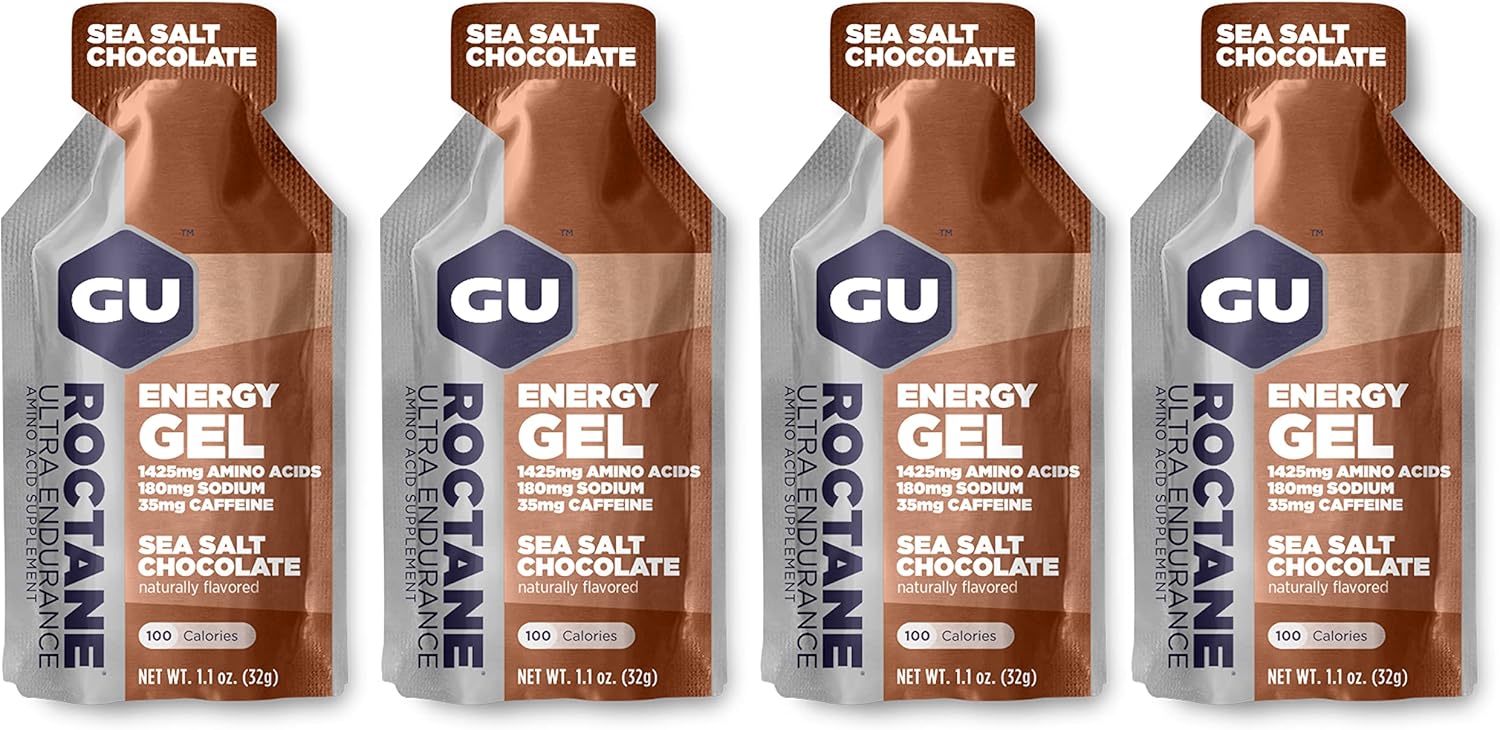 GU Energy GU Roctane Energy Running Gels - 4 Gel Taster Pack - Sports Energy Gels For Running, Cycling, Triathlon (4 x 32g Sachets) (Chocolate Sea Salt)