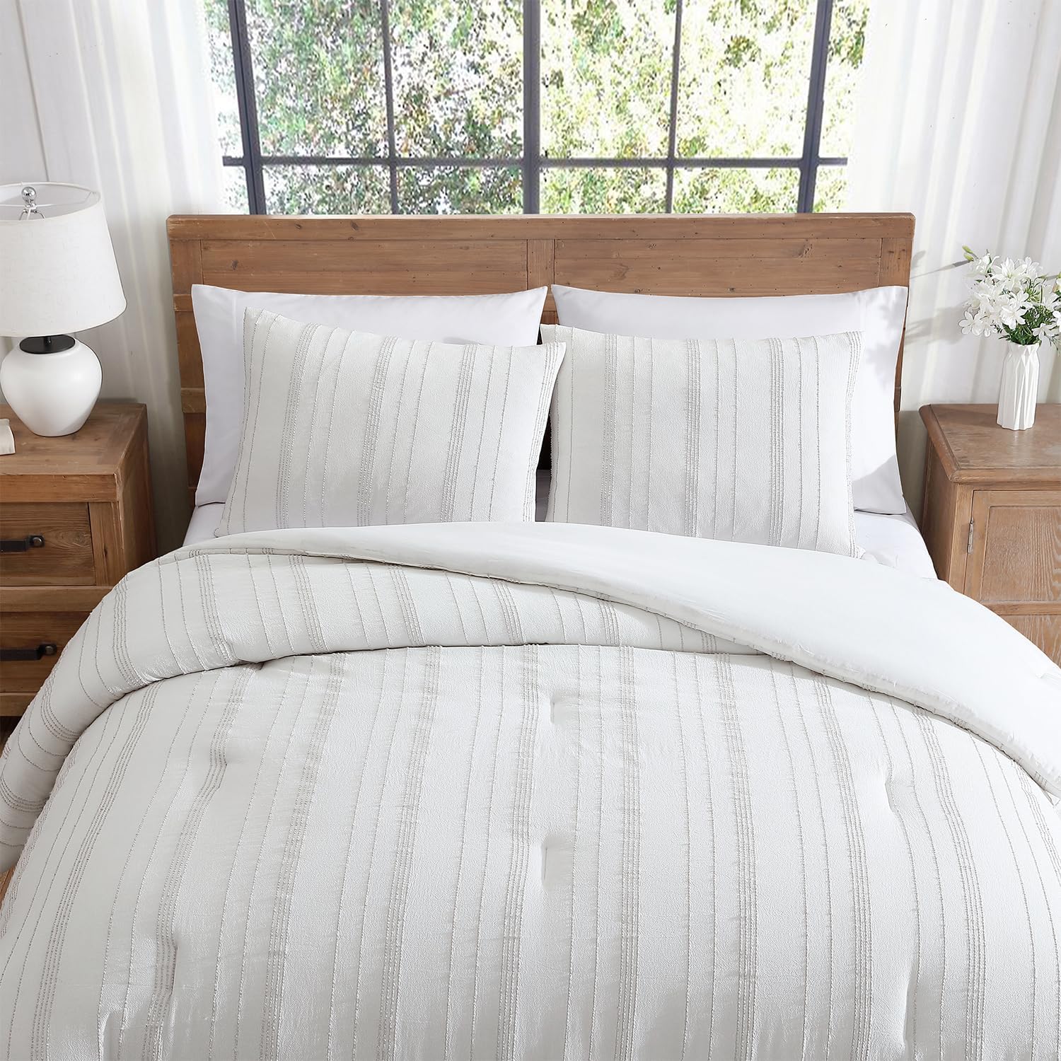Tahari Home - Comforter Set, Soft Lightweight Bedding with Matching Pillow Shams, Chic Room Decor, Distressed Stripe Home Decor (Mellie White/Grey, King)